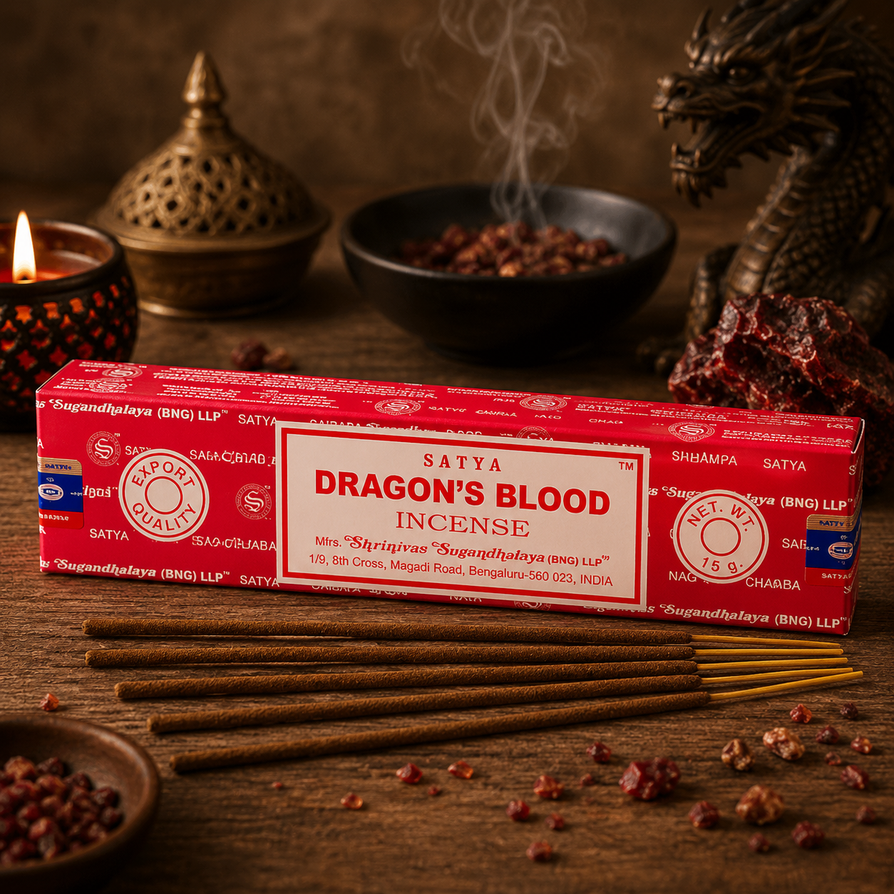 Encens Satya Dragon's Blood 15g avec bâtonnets d'encens dans une ambiance spirituelle et chaleureuse.