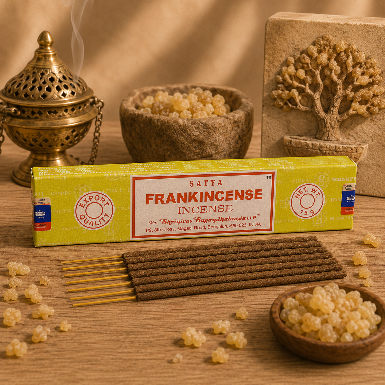 Encens Satya Frankincense 15g avec bâtonnets d'encens, résine d'oliban et brûle-encens dans une ambiance zen et spirituelle.