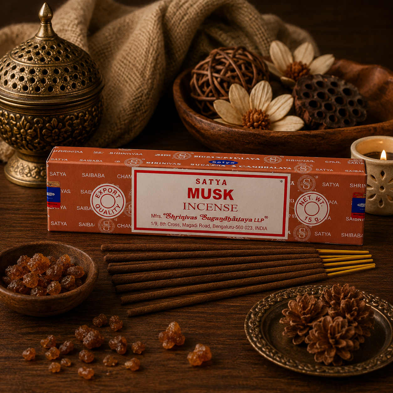 Encens Satya Musk 15g avec bâtonnets d'encens, résines parfumées et ambiance zen chaleureuse.