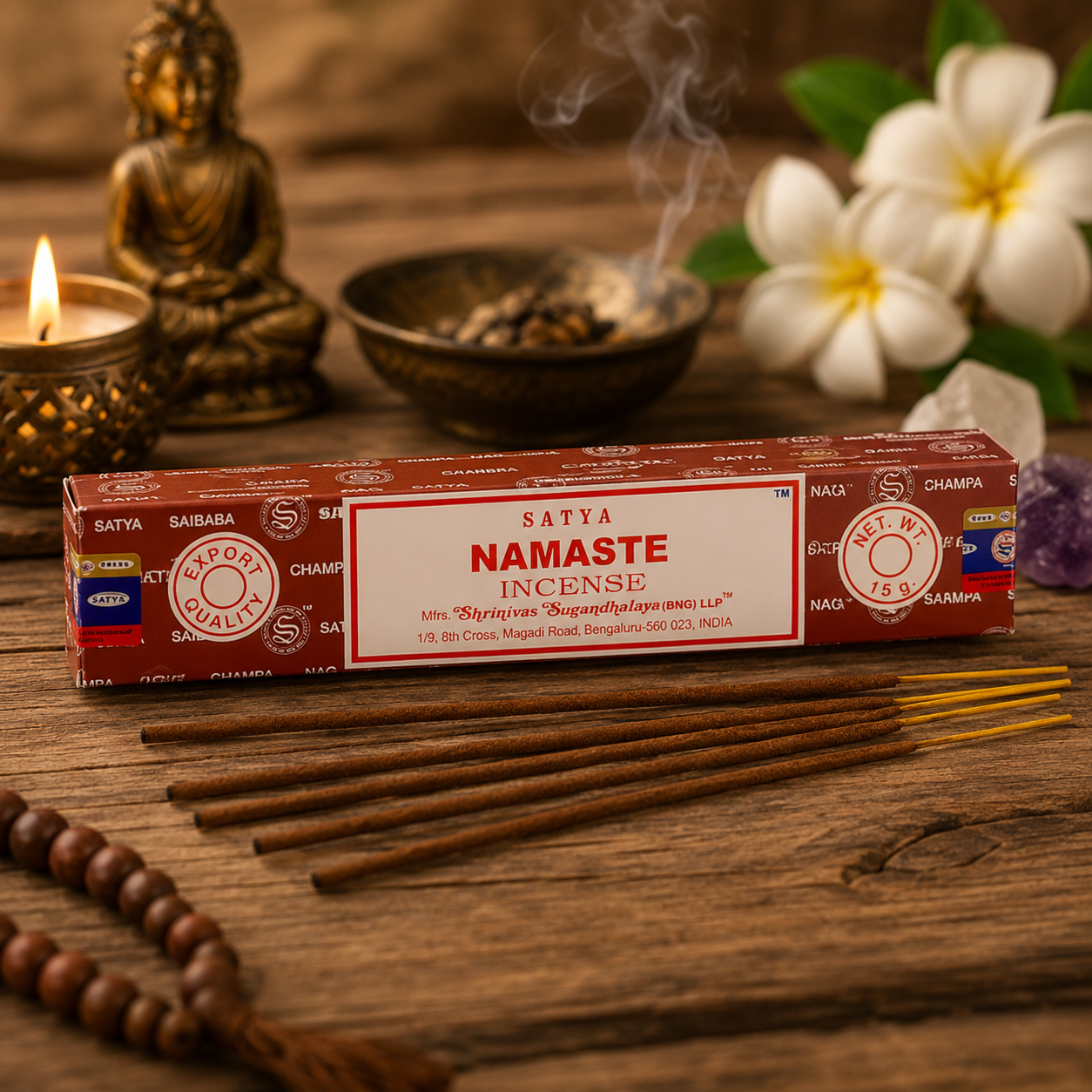 Encens Satya Namaste 15g avec bâtonnets d'encens dans une ambiance zen et méditative.