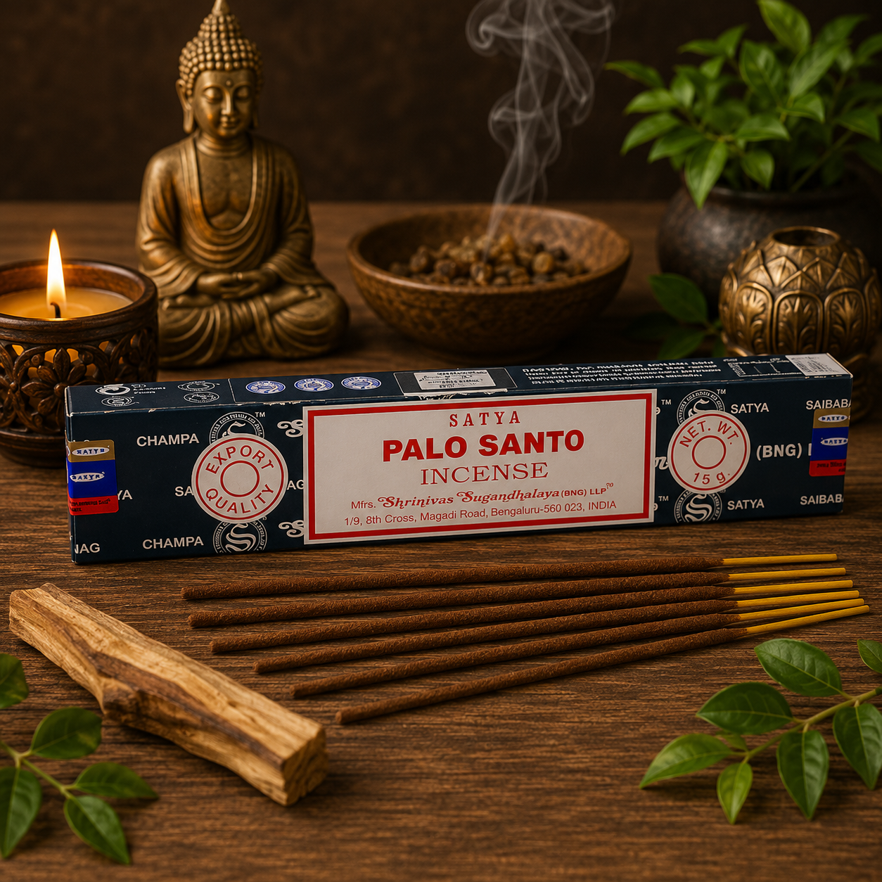 Encens Satya Palo Santo 15g avec bâtonnets d'encens et morceau de palo santo dans une ambiance zen et chaleureuse.