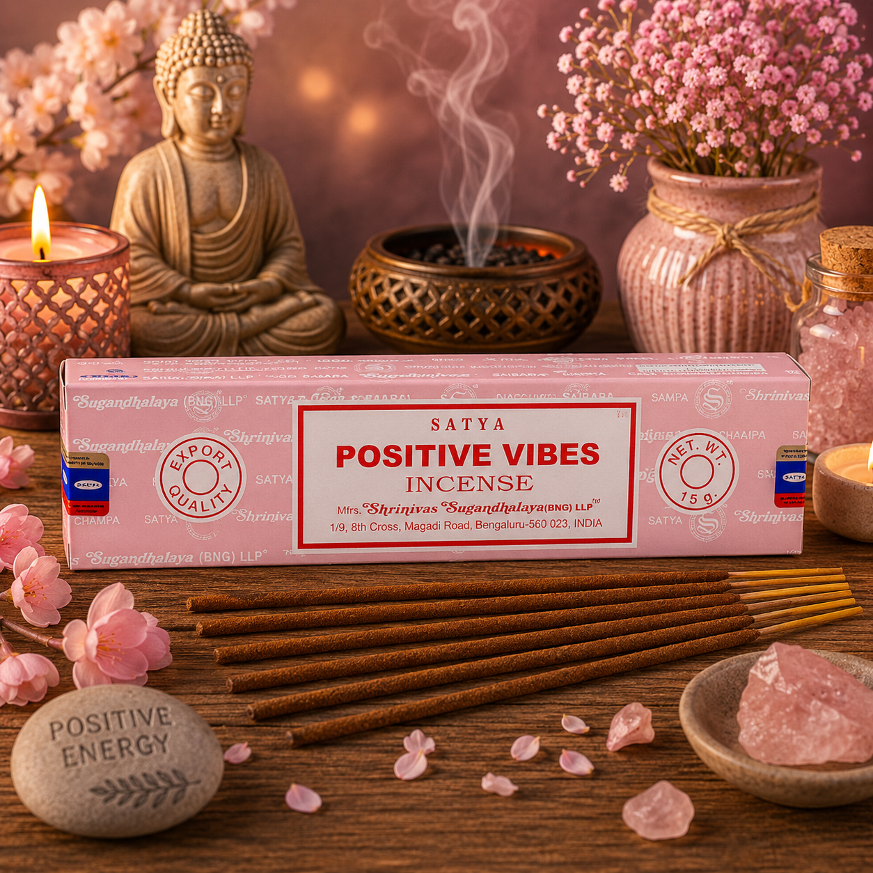 Encens Satya Positive Vibes 15g avec bâtonnets d'encens dans une ambiance zen, douce et inspirante.