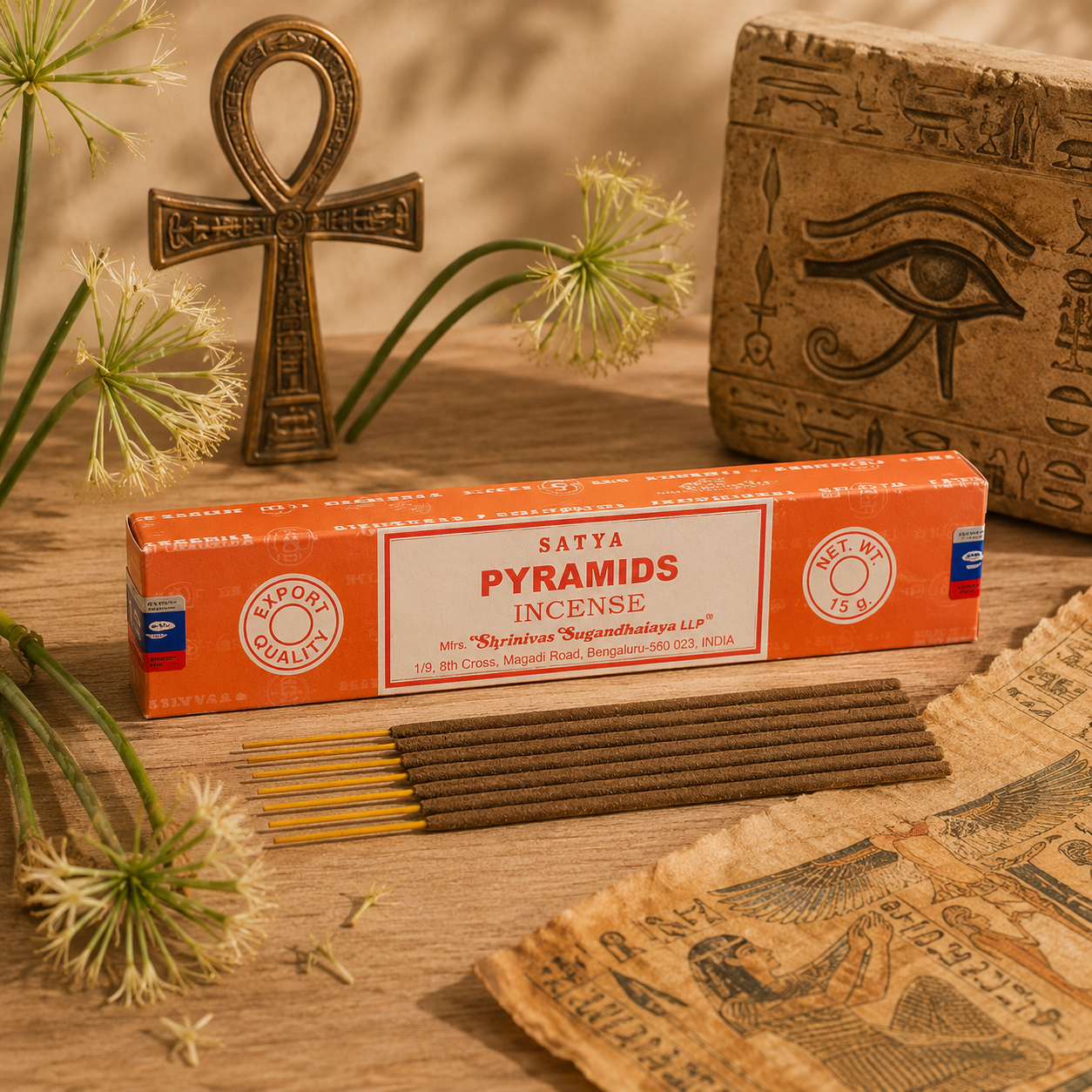 Encens Satya Pyramids 15g avec bâtonnets d'encens, croix Ankh, Œil d'Horus et décoration inspirée de l'Égypte ancienne.