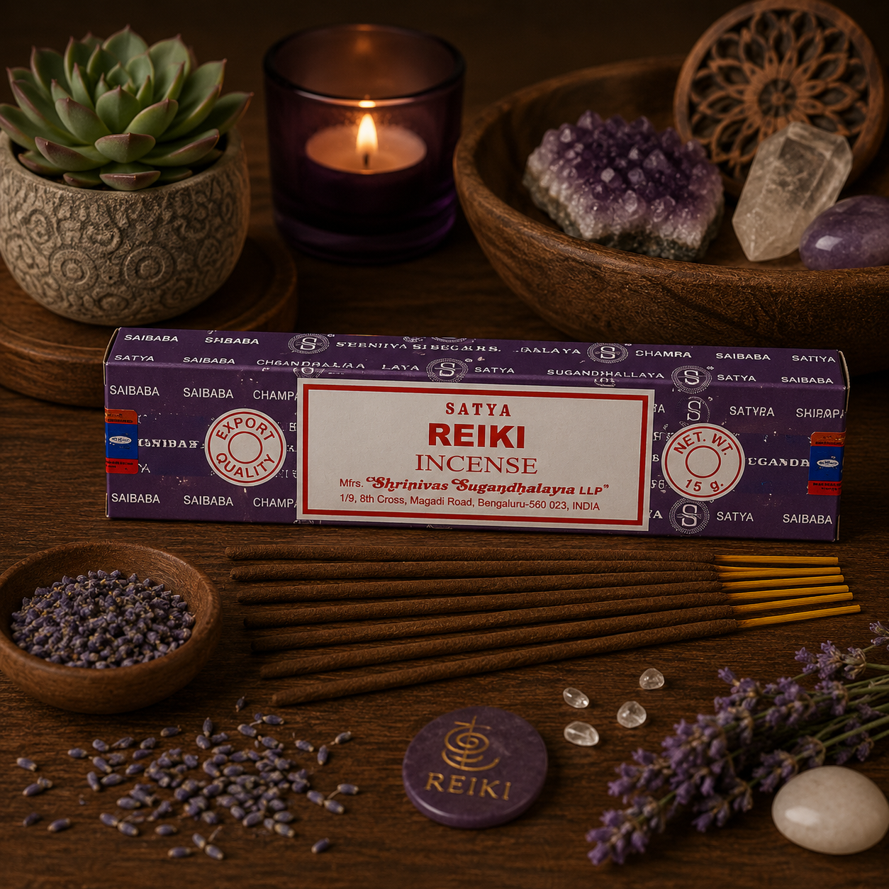 Encens Satya Reiki 15g avec bâtonnets d'encens, cristaux et accessoires énergétiques dans une ambiance zen et apaisante.