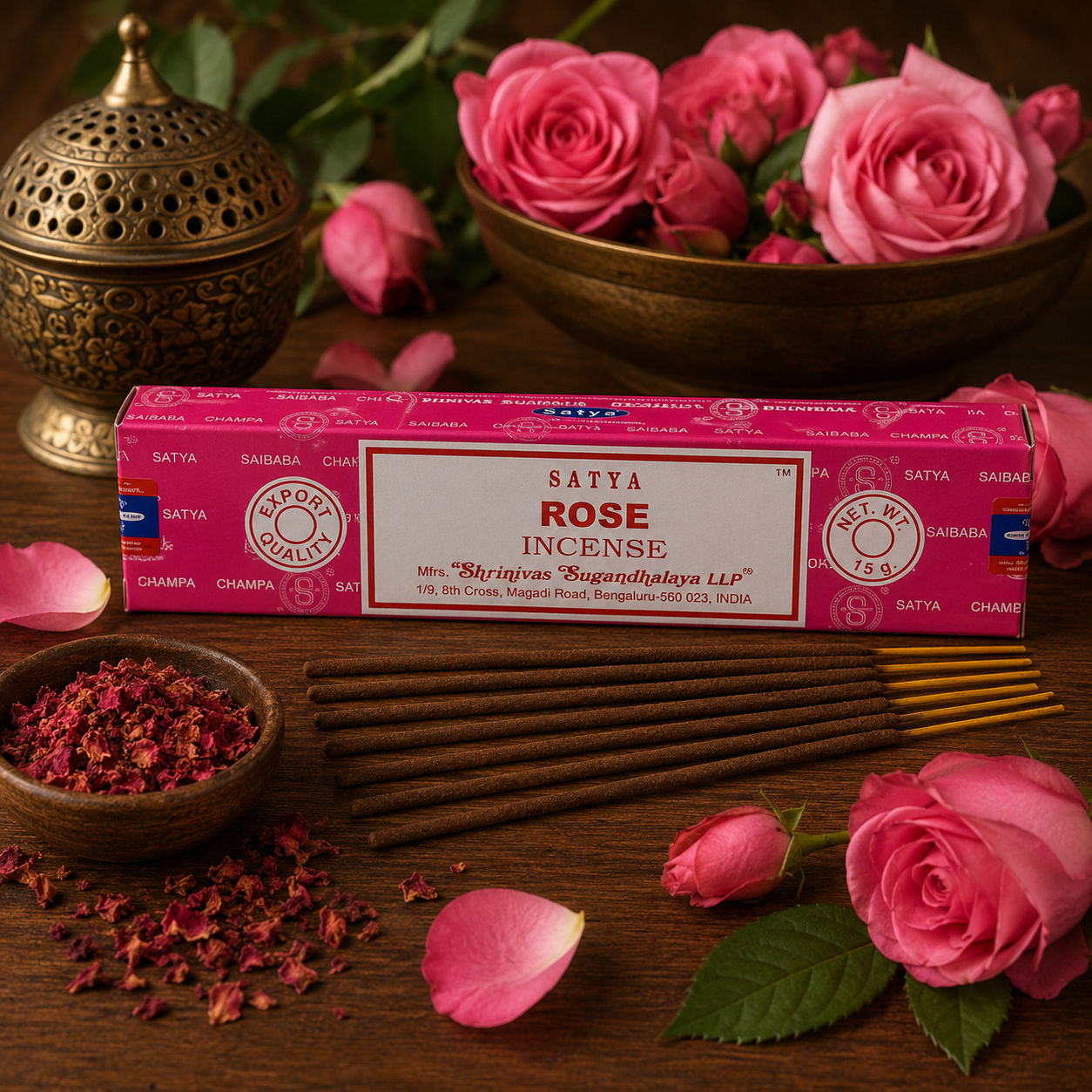 Encens Satya Rose 15g avec bâtonnets d'encens, pétales de rose et roses fraîches dans une ambiance zen et chaleureuse.