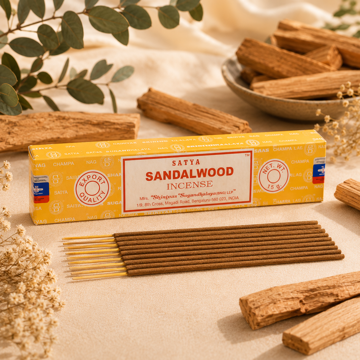 Encens Satya Sandalwood 15g avec bâtonnets d'encens, morceaux de bois de santal et décoration zen dans une ambiance chaleureuse.
