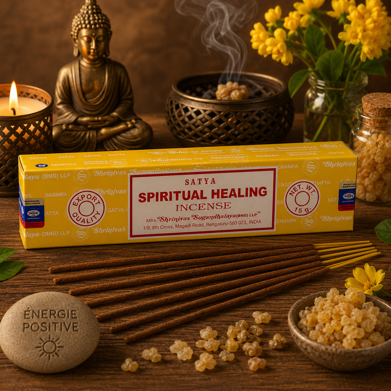 Encens Satya Spiritual Healing 15g avec bâtonnets d'encens dans une ambiance zen et spirituelle.