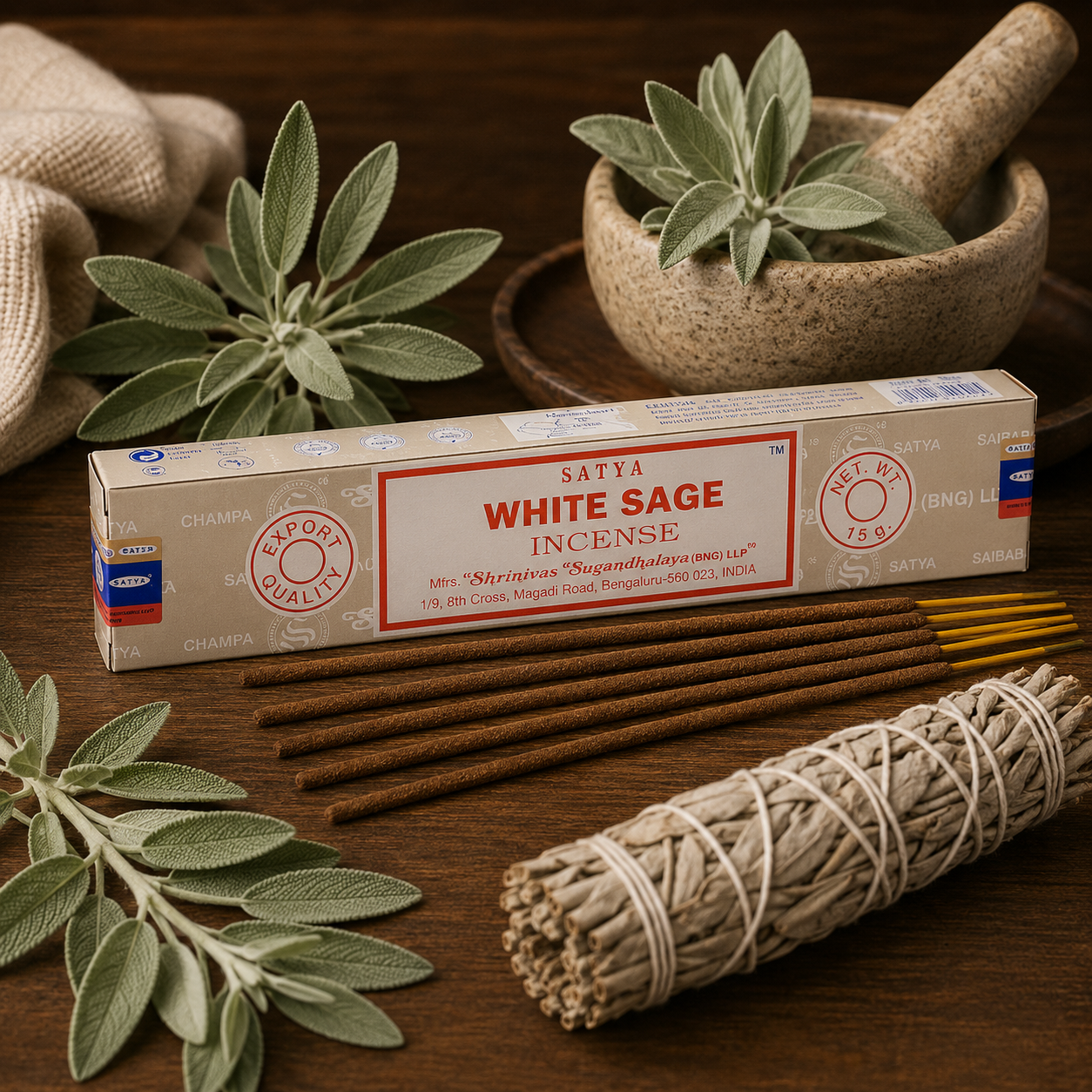 Encens Satya White Sage 15g avec bâtonnets d'encens, sauge blanche fraîche et fagot de sauge dans une ambiance zen.