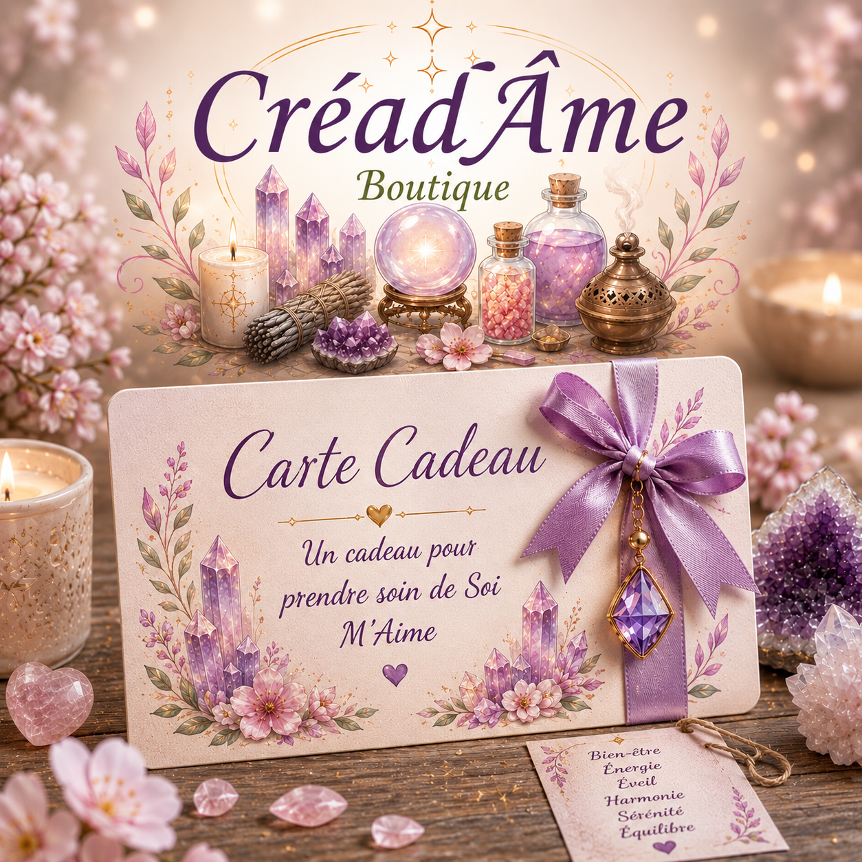 Carte Cadeau CréadÂme Boutique, idéale pour offrir un cadeau bien-être avec un large choix d'encens, pierres naturelles, décoration zen et articles de relaxation.