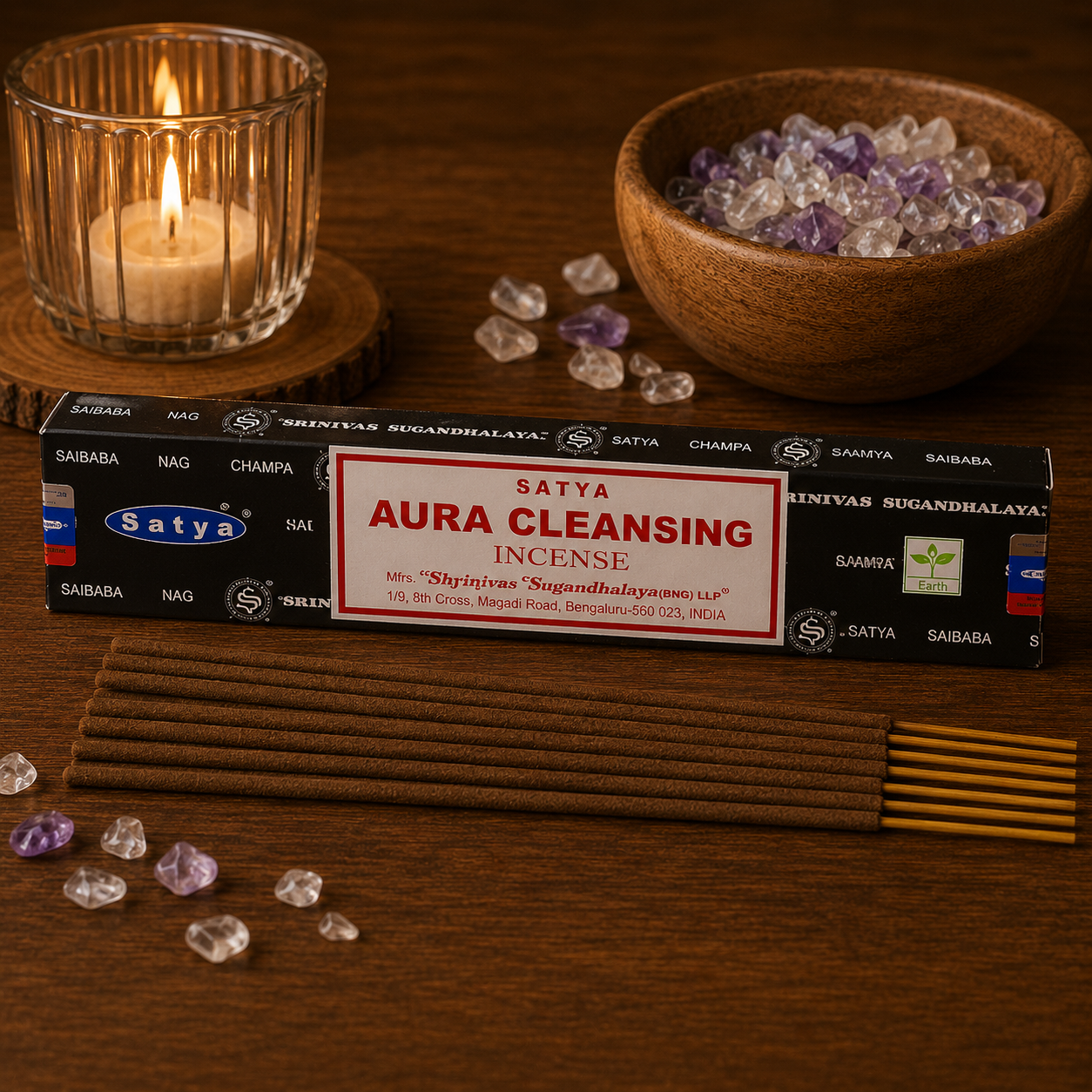 Encens Satya Aura Cleansing 15g avec bâtonnets d'encens, cristaux et ambiance zen chaleureuse.