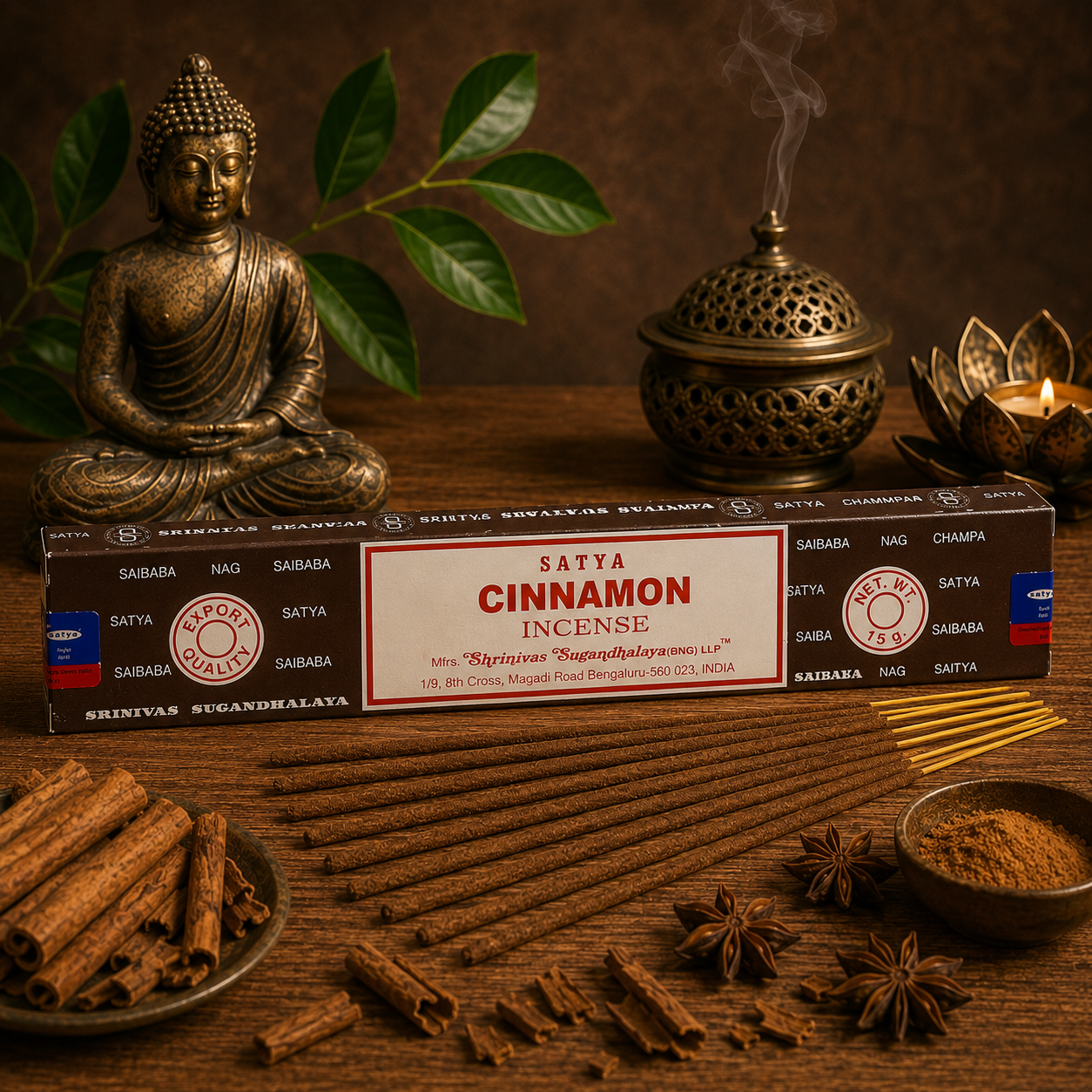 Encens Satya Cinnamon 15g avec bâtonnets d'encens, bâtons de cannelle et décoration zen dans une ambiance chaleureuse et spirituelle.