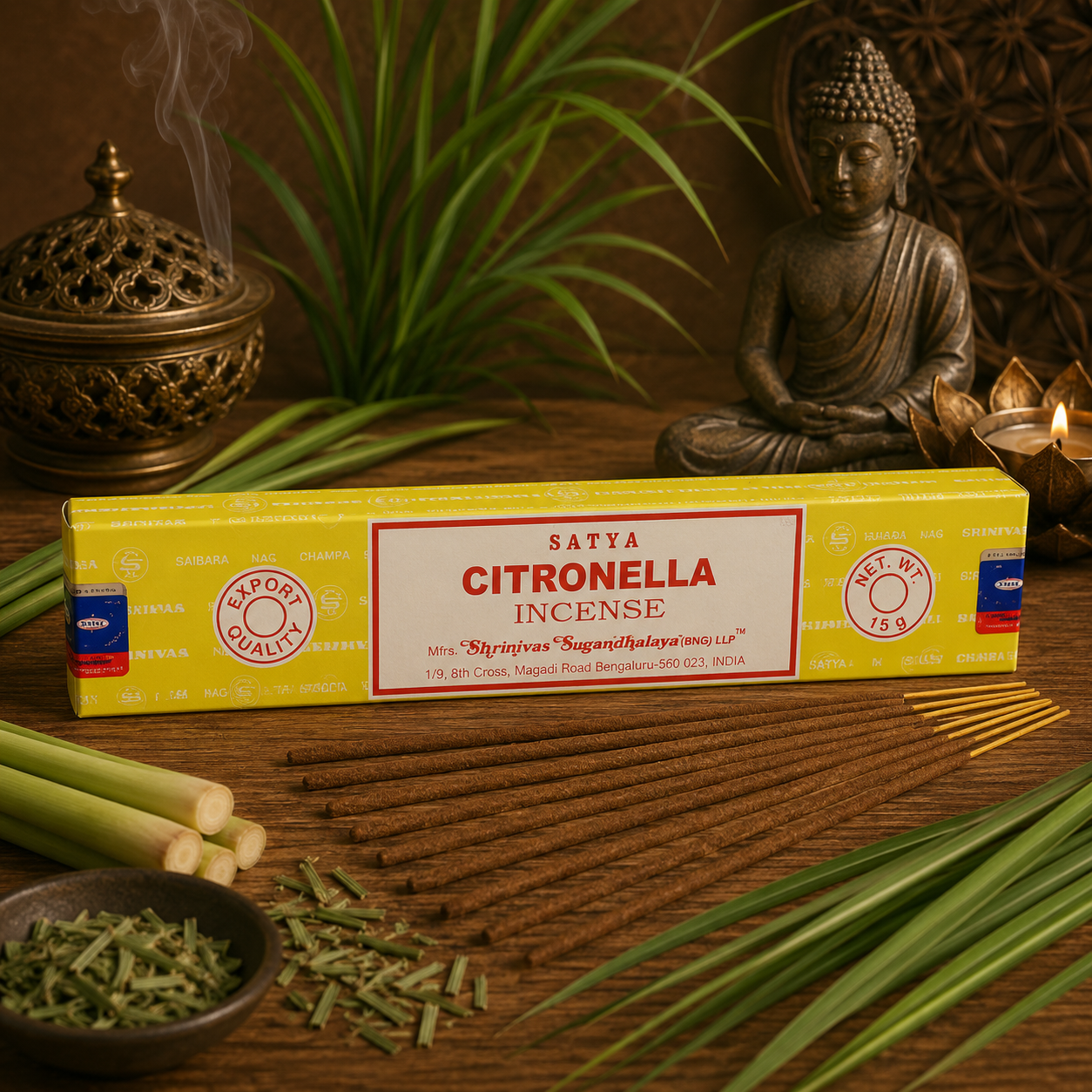 Encens Satya Citronella 15g avec bâtonnets d'encens, tiges de citronnelle fraîche et décoration zen dans une ambiance naturelle et apaisante.