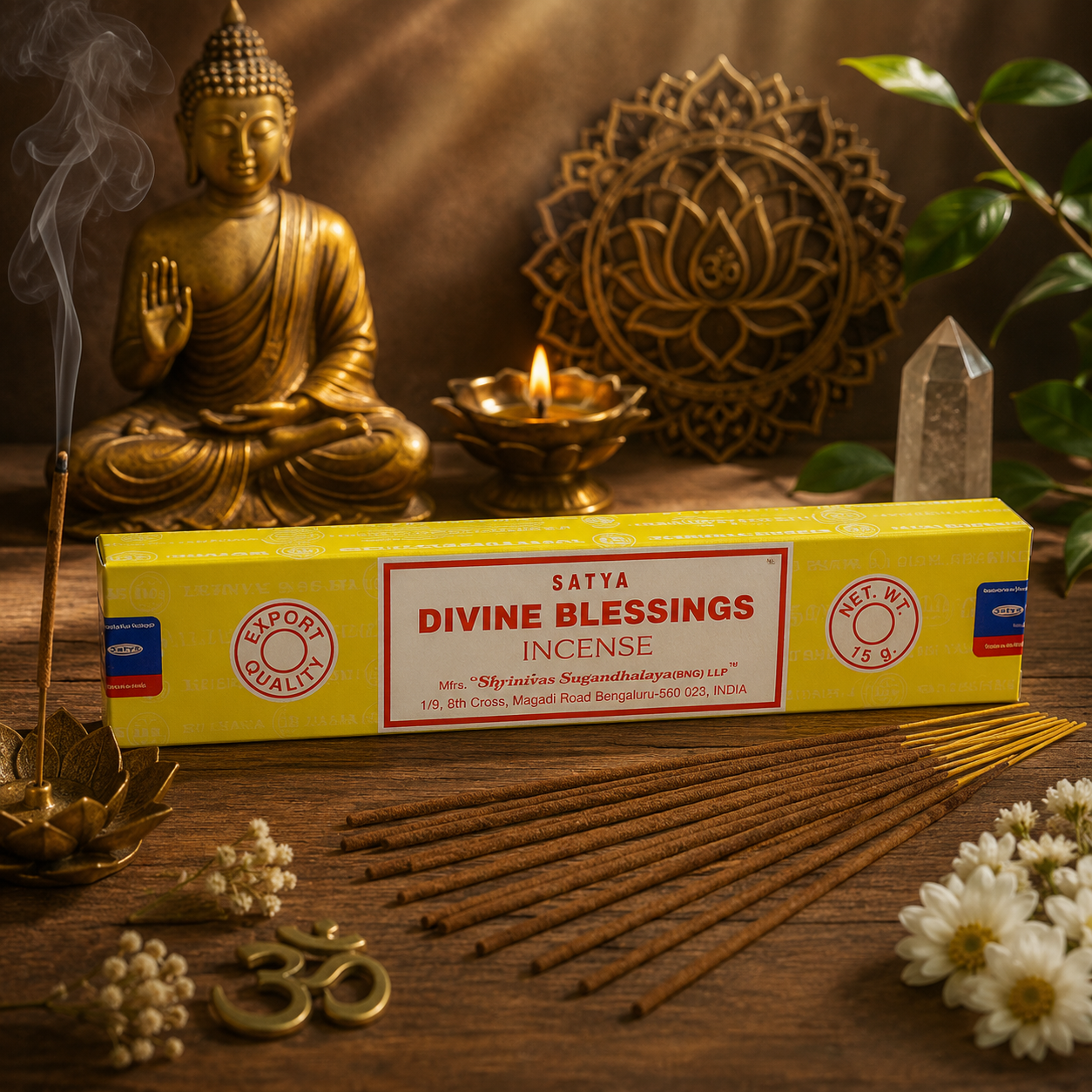 Encens Satya Divine Blessings 15g avec bâtonnets d'encens, bougie, symbole Om et décoration zen dans une ambiance spirituelle et lumineuse.