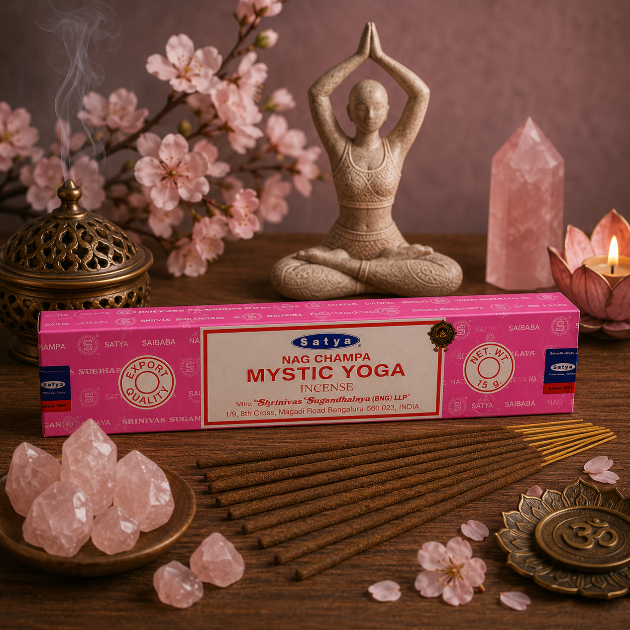 Encens Satya Mystic Yoga 15g avec bâtonnets d'encens, cristaux de quartz rose, statue de yoga et fleurs de cerisier dans une ambiance zen et spirituelle.