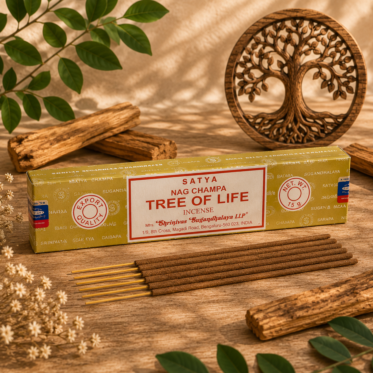 Encens Satya Tree of Life 15g avec bâtonnets d'encens et arbre de vie sculpté en bois dans une ambiance zen et naturelle.