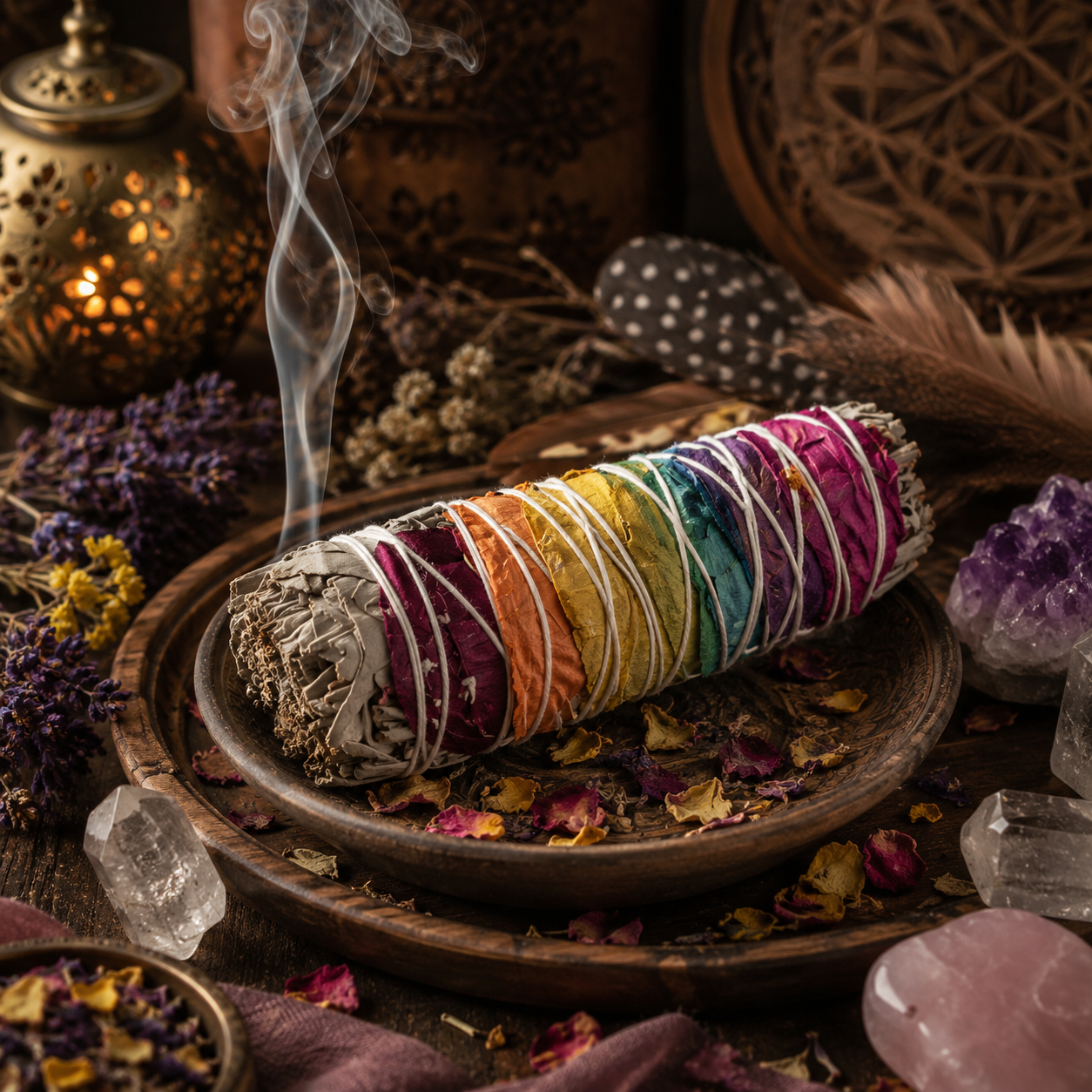 Bâton de fumigation en Sauge Blanche décoré de pétales de fleurs aux couleurs des sept chakras dans une ambiance spirituelle avec cristaux, fumée et décoration d'inspiration chamanique.