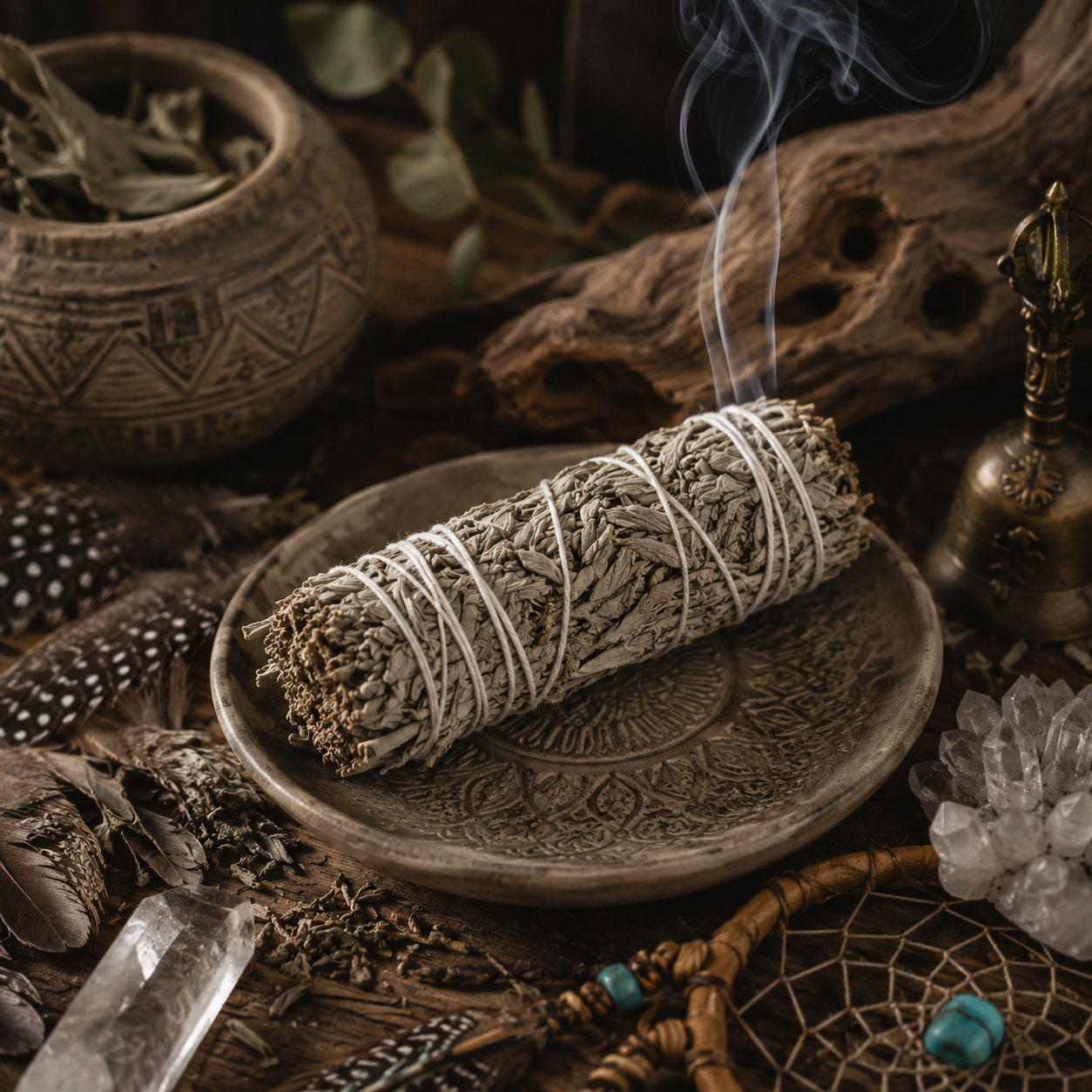 Bâton de fumigation en Sauge Blanche avec fumée, plumes, cristaux de quartz et décoration d'inspiration chamanique sur une table en bois.
