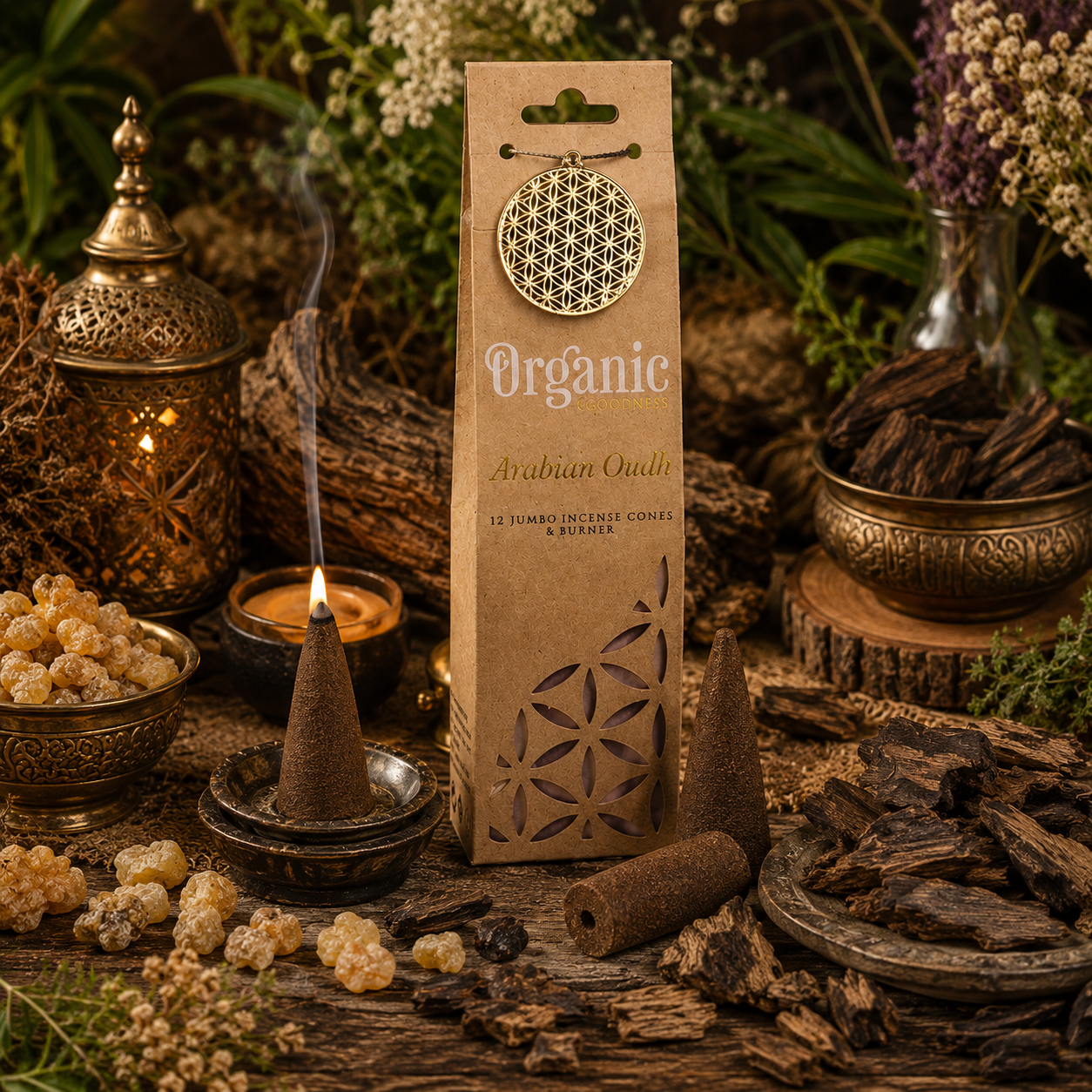 Boîte de cônes d'encens Organic Goodness Arabian Oudh avec morceaux de Bois d'Agar, cônes d'encens et autel naturel d'inspiration orientale dans une ambiance chaleureuse et spirituelle.
