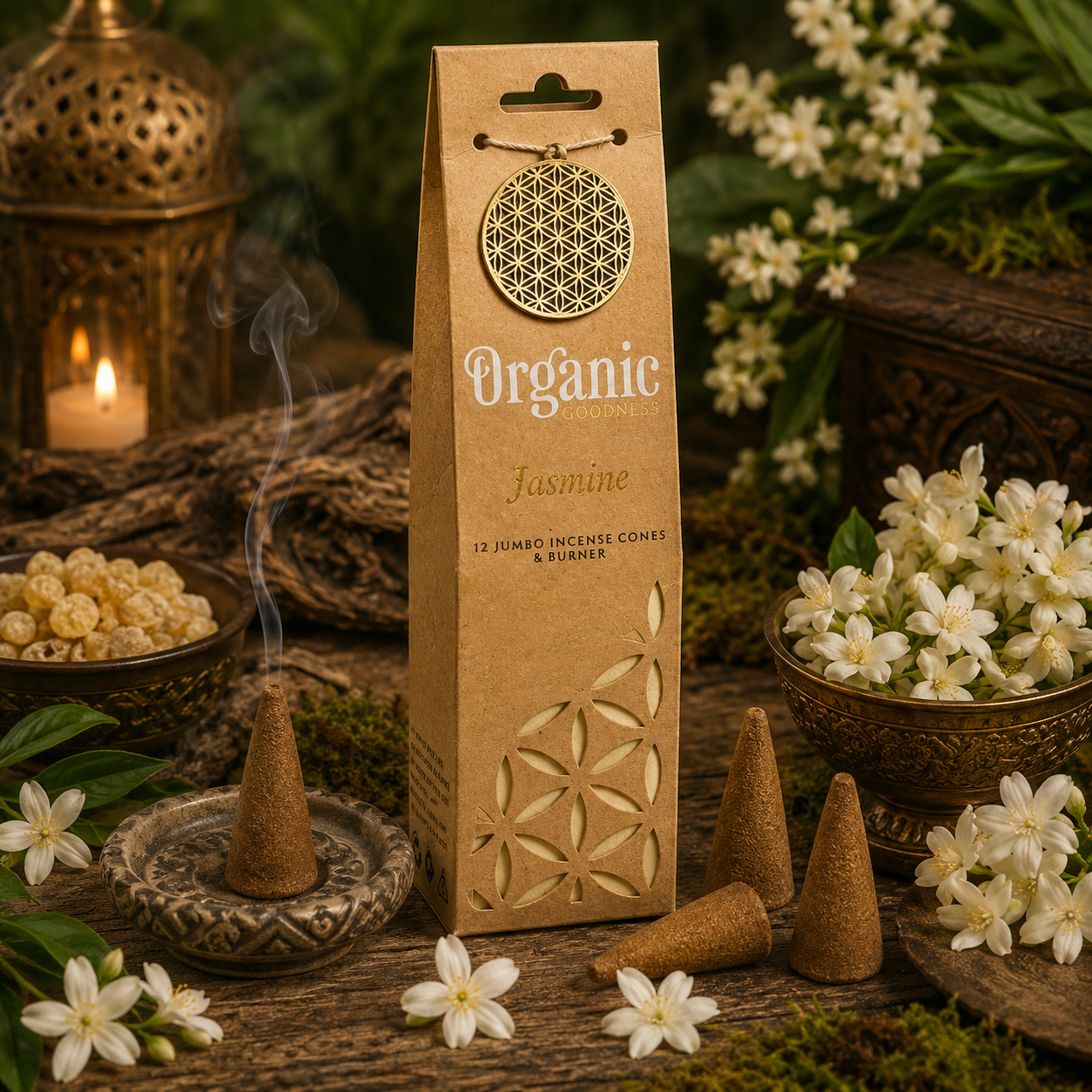 Boîte de cônes d'encens Organic Goodness Jasmin entourée de fleurs de jasmin blanches sur un autel naturel dans une ambiance zen, chaleureuse et spirituelle.