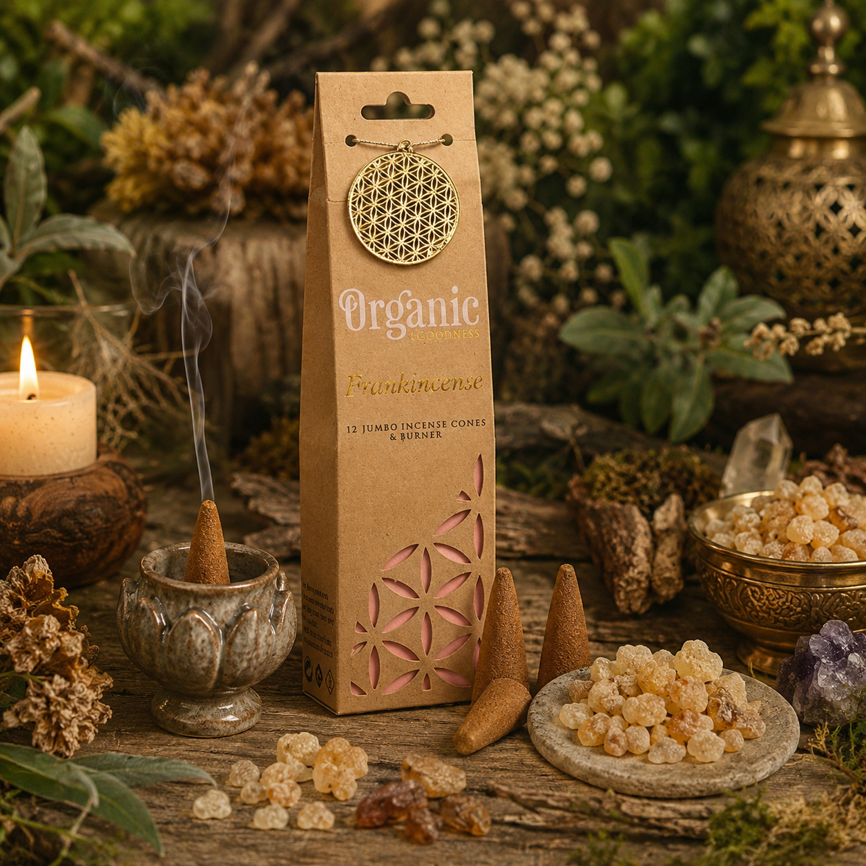 Boîte de cônes d'encens Organic Goodness Oliban (Frankincense) avec résine naturelle d'oliban, cônes d'encens et autel d'inspiration spirituelle dans une ambiance chaleureuse et naturelle.