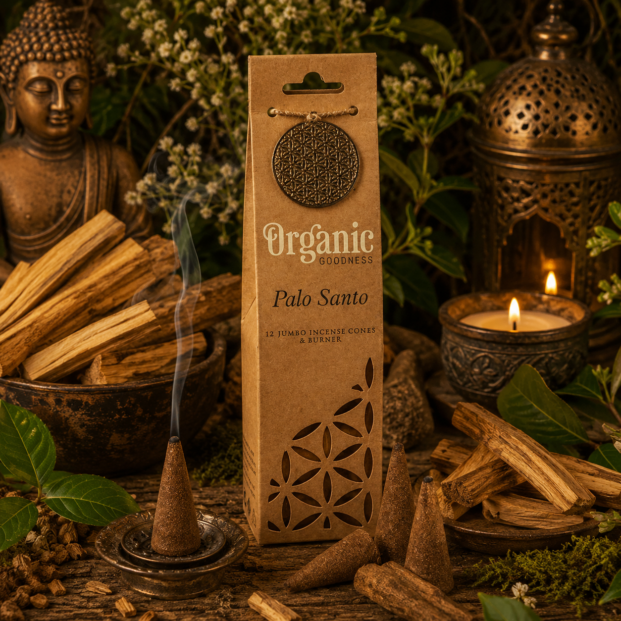 Boîte de cônes d'encens Organic Goodness Palo Santo entourée de véritables bâtons de Bois Sacré sur un autel naturel dans une ambiance zen, chaleureuse et spirituelle.