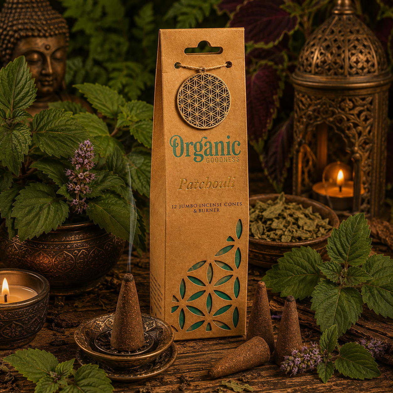 Boîte de cônes d'encens Organic Goodness Patchouli entourée de feuilles de patchouli fraîches et séchées sur un autel naturel dans une ambiance zen, chaleureuse et spirituelle.