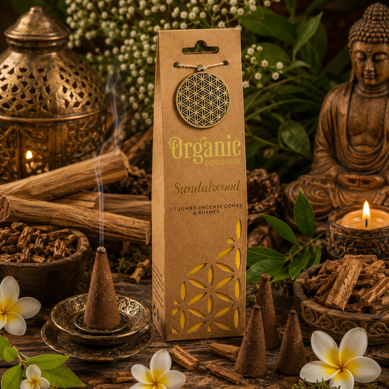 Boîte de cônes d'encens Organic Goodness Bois de Santal entourée de véritables morceaux de bois de santal sur un autel naturel dans une ambiance zen et spirituelle.