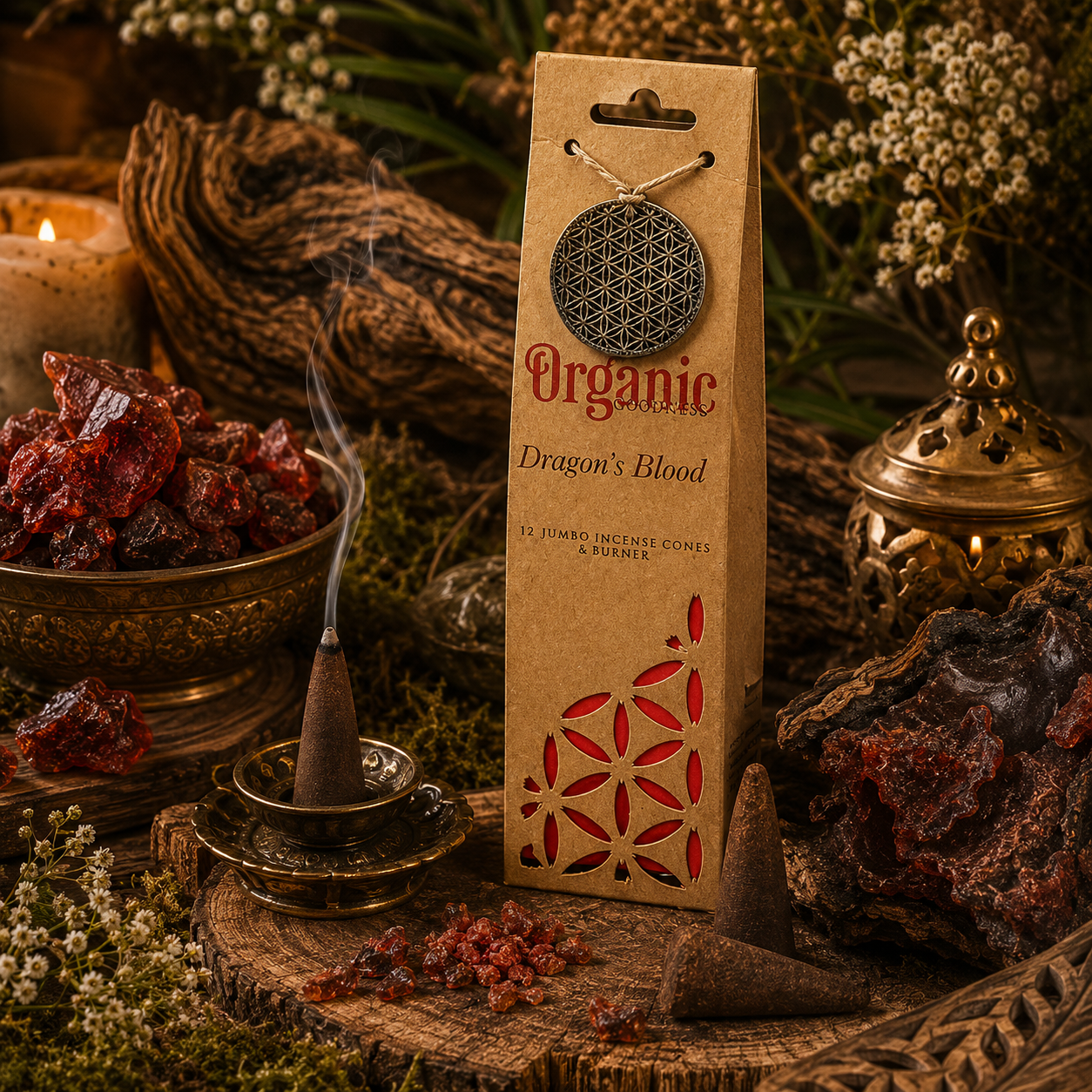 Boîte de cônes d'encens Organic Goodness Sang de Dragon avec résine Dragon's Blood, cônes d'encens et autel naturel dans une ambiance spirituelle et chaleureuse.