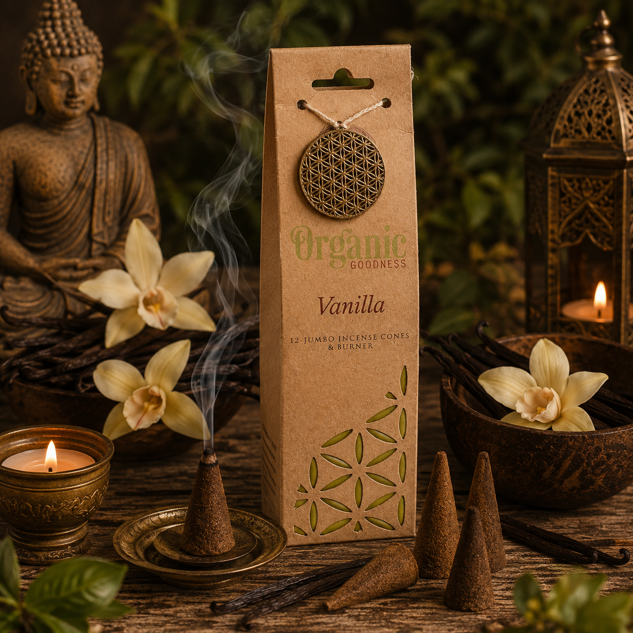 Boîte de cônes d'encens Organic Goodness Vanille entourée de gousses de vanille et de fleurs d'orchidée vanille sur un autel naturel dans une ambiance zen, chaleureuse et spirituelle.