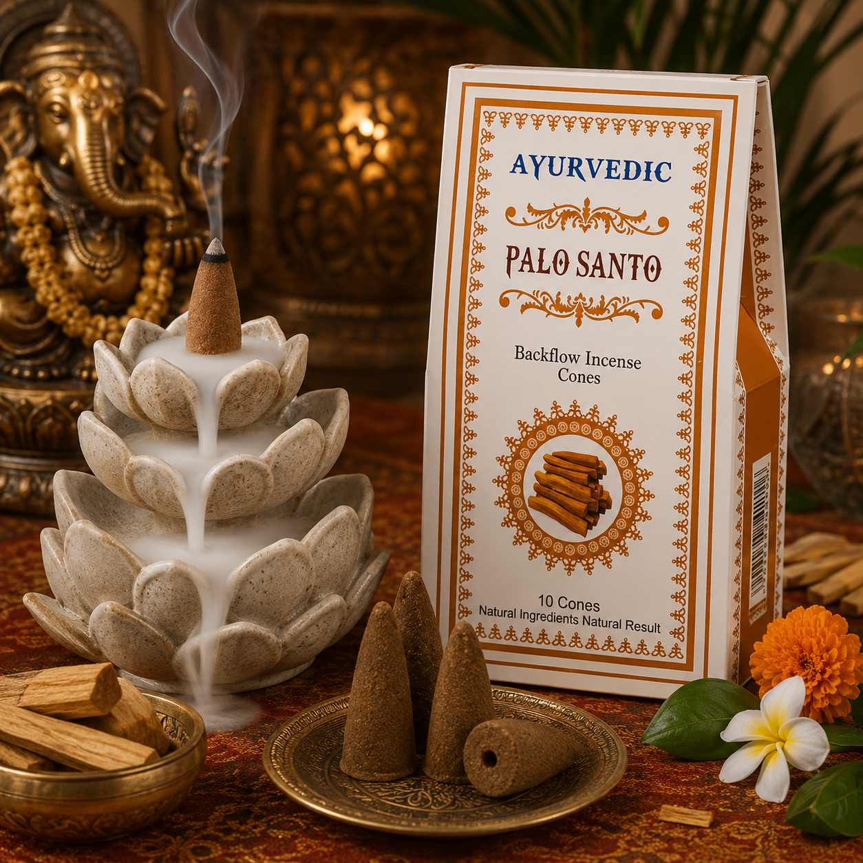 Boîte de cônes d'encens à refoulement Ayurvedic Palo Santo avec cônes de Bois Sacré et fontaine à encens Backflow en forme de lotus dans une ambiance zen d'inspiration indienne.