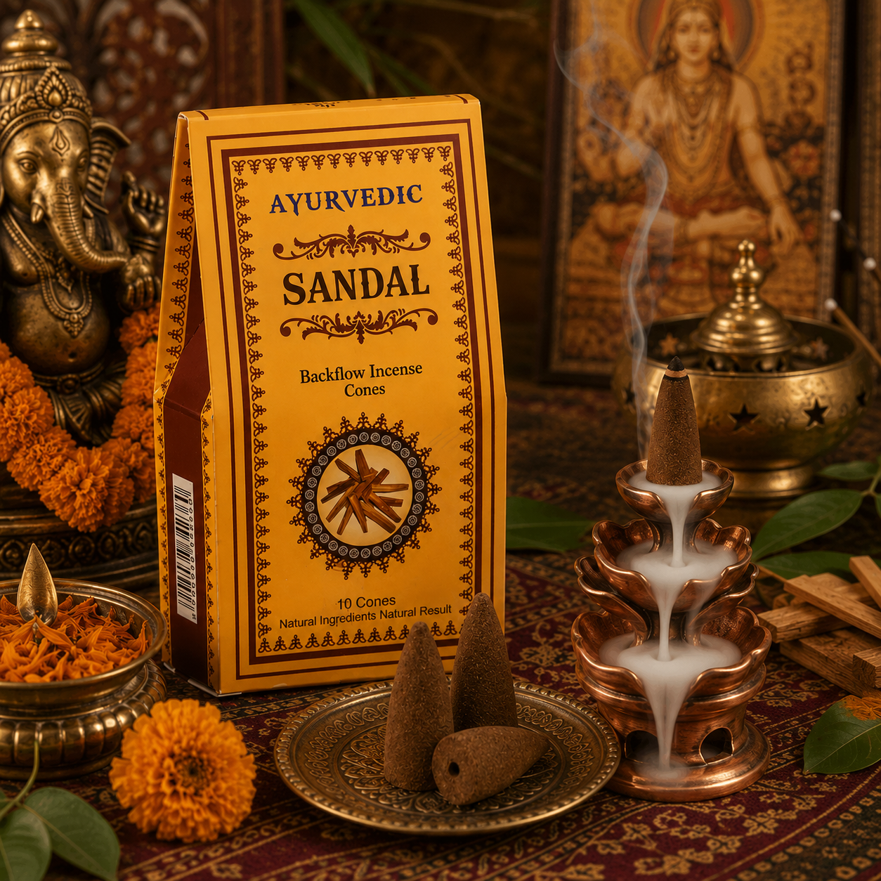 Boîte de cônes d'encens à refoulement Ayurvedic Sandal avec cônes de bois de santal, utilisés sur une fontaine à encens Backflow dans une ambiance zen d'inspiration indienne.