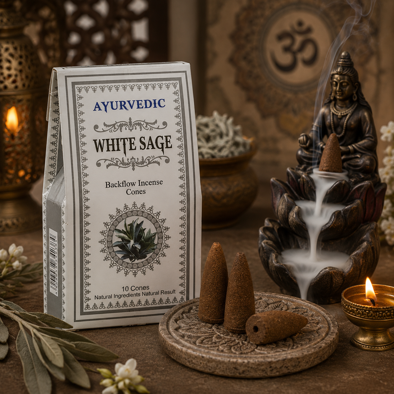 Boîte de cônes d'encens à refoulement Ayurvedic White Sage avec cônes de Sauge Blanche, utilisés sur une fontaine à encens Backflow dans une ambiance zen et spirituelle.