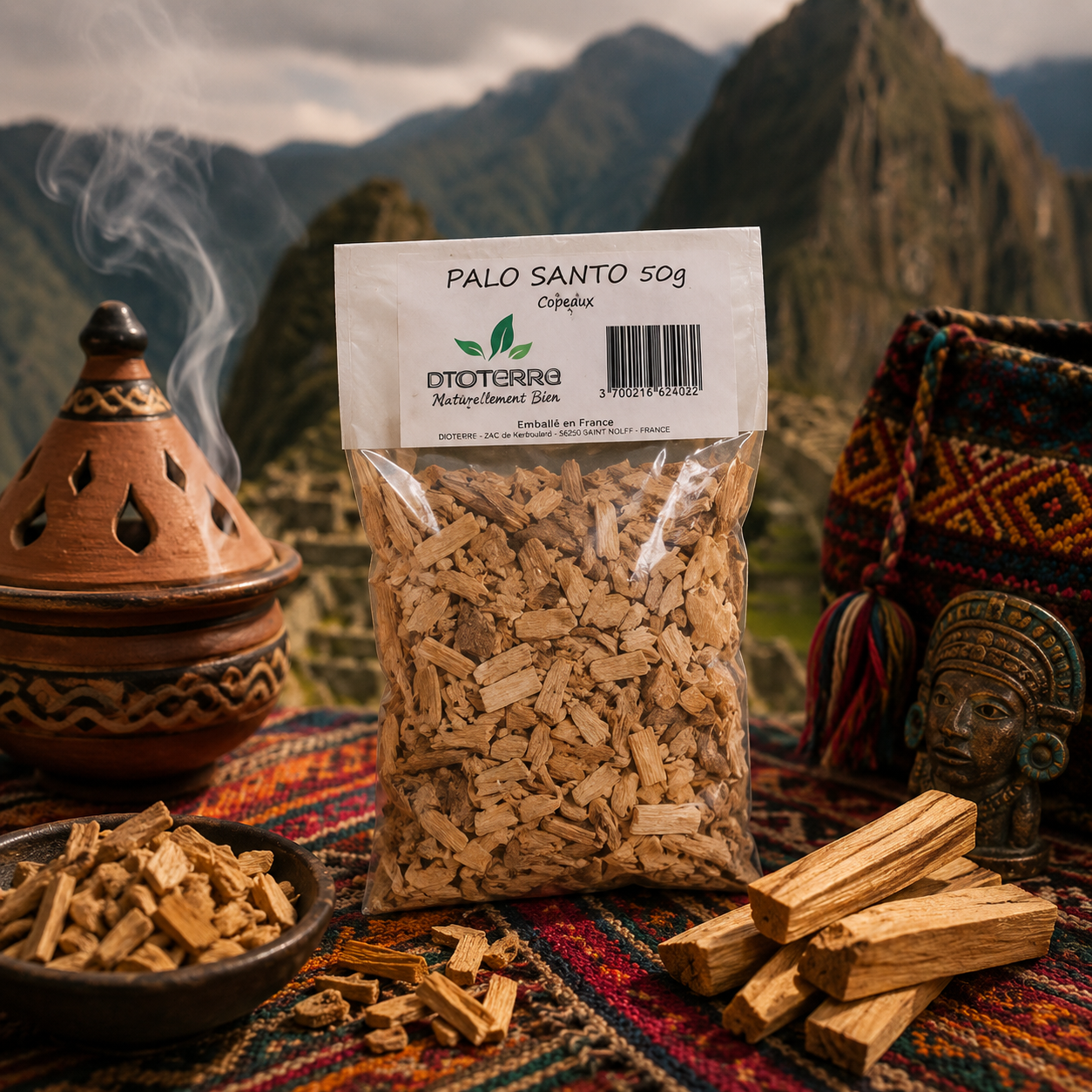 Sachet de copeaux de Palo Santo présenté dans une ambiance péruvienne avec bois sacré, brûle-encens traditionnel et décor inspiré des Andes.