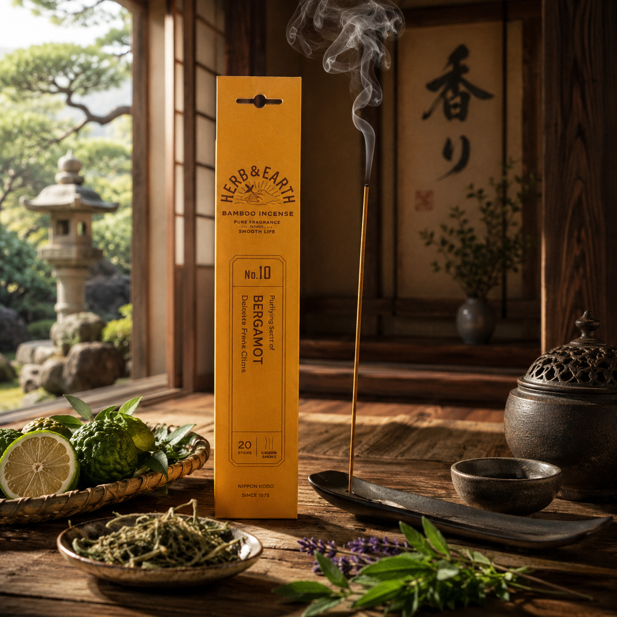 Boîte d'encens japonais Bergamote Herb & Earth Nippon Kodo présentée dans un temple traditionnel japonais avec herbes aromatiques, agrumes frais et porte-encens en céramique.