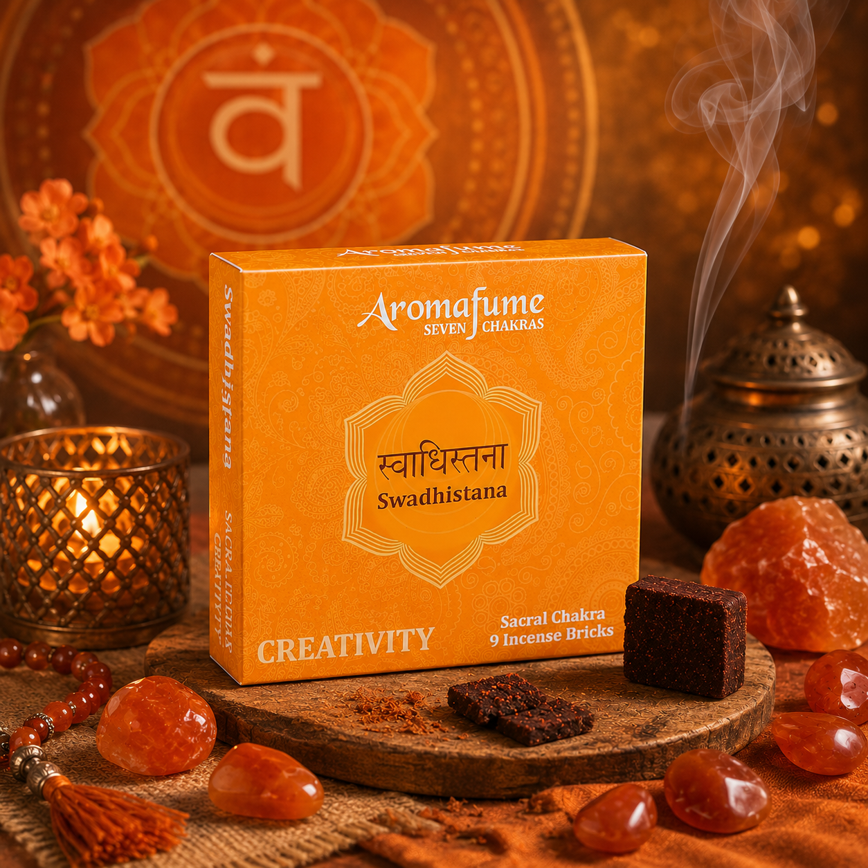Boîte d'encens briques Aromafume Seven Chakras Swadhisthana présentée dans une ambiance spirituelle chaleureuse avec cornalines, bougies, mandala orange et éléments évoquant la créativité, la fluidité et le chakra Sacré.