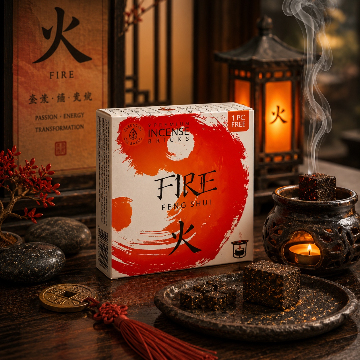 Boîte d'encens briques Feng Shui Fire Green Tree Candle Company présentée dans une ambiance zen avec diffuseur pour encens briques, bougie, lanternes, pierres naturelles, lumière chaleureuse et éléments évoquant la vitalité, la créativité et l'énergie du Feu selon les principes du Feng Shui.
