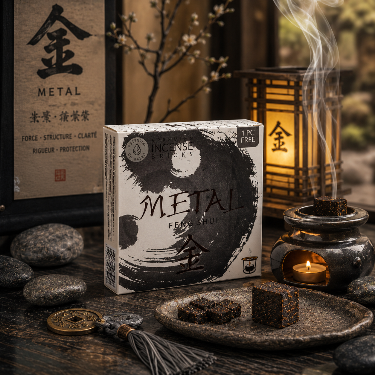 Boîte d'encens briques Feng Shui Metal Green Tree Candle Company présentée dans une ambiance zen asiatique avec diffuseur pour encens briques, galets, bambous, objets métalliques, lumière douce et éléments évoquant la clarté, la purification et l'équilibre selon les principes du Feng Shui.