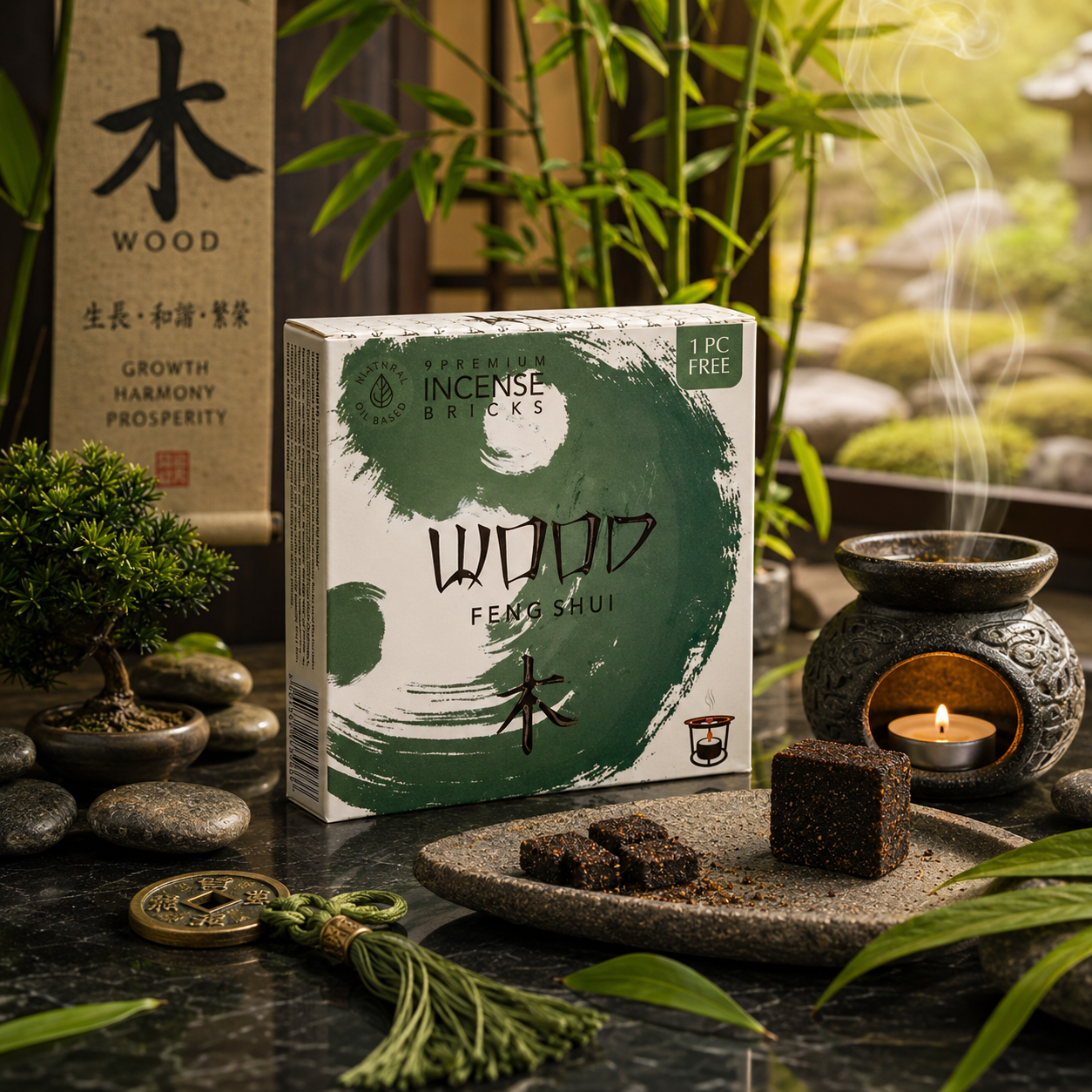 Boîte d'encens briques Feng Shui Wood Green Tree Candle Company présentée dans une ambiance zen avec bambou, bonsaï, pierres naturelles, diffuseur, galets et éléments évoquant l'énergie du Bois, la croissance et l'harmonie selon les principes du Feng Shui.