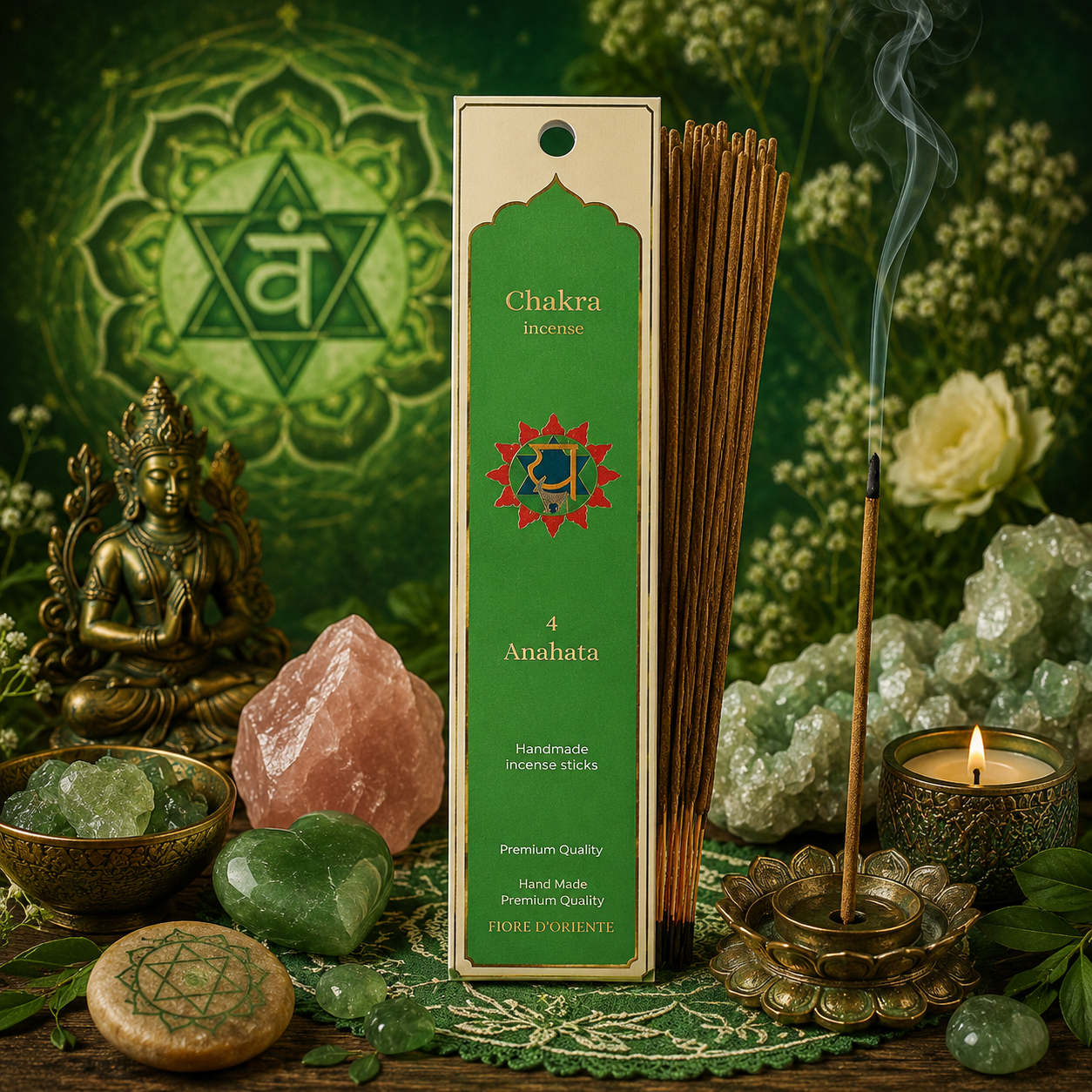 Encens Chakra du Cœur Anahata présenté dans une ambiance spirituelle verte avec quartz rose, aventurine, feuilles, bougie, symbole du quatrième chakra et éléments naturels évoquant l'amour, la compassion et l'harmonie.