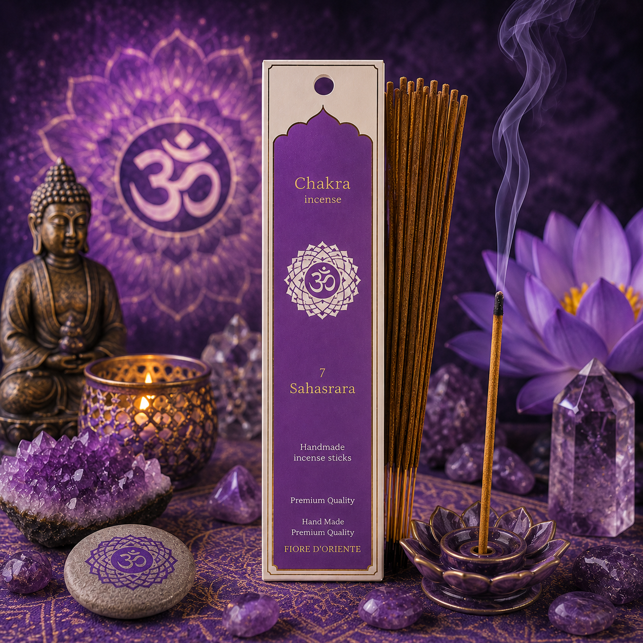 Encens Chakra Couronne Sahasrara présenté dans une ambiance spirituelle violette avec améthystes, fleur de lotus, bougie, symbole du septième chakra et éléments naturels évoquant la méditation, la sagesse et l'éveil spirituel.