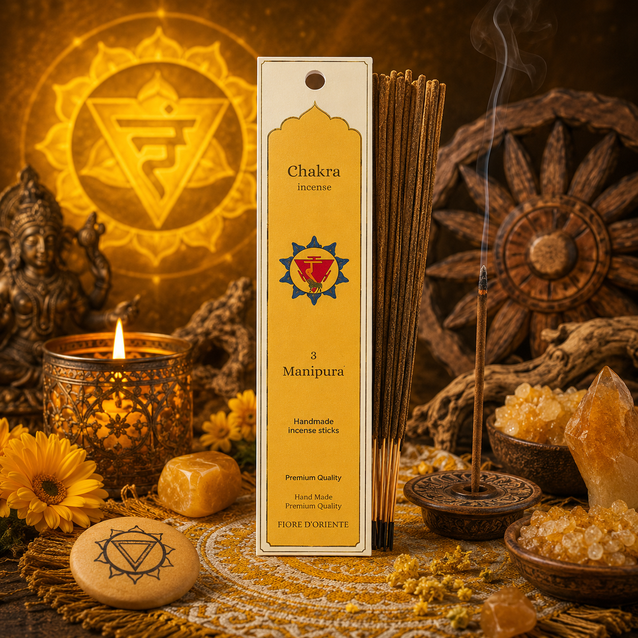 Encens Chakra du Plexus Solaire Manipura présenté dans une ambiance spirituelle jaune dorée avec pierres jaunes, bougie, symbole du troisième chakra, mandala solaire et éléments naturels évoquant la confiance, la force intérieure et la lumière.