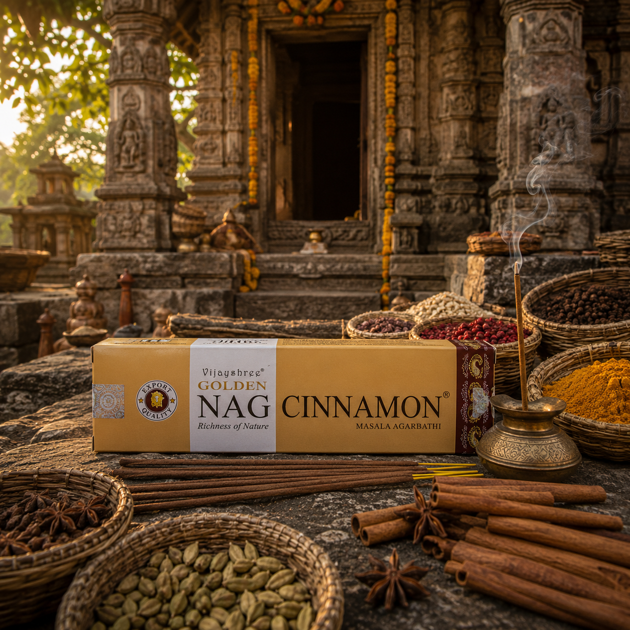 Étui d'encens Golden Nag Cinnamon Vijayshree présenté sur le parvis d'un ancien temple hindou entouré de paniers d'épices, de bâtons de cannelle et d'un brûleur d'encens en laiton dans une ambiance chaleureuse et traditionnelle.