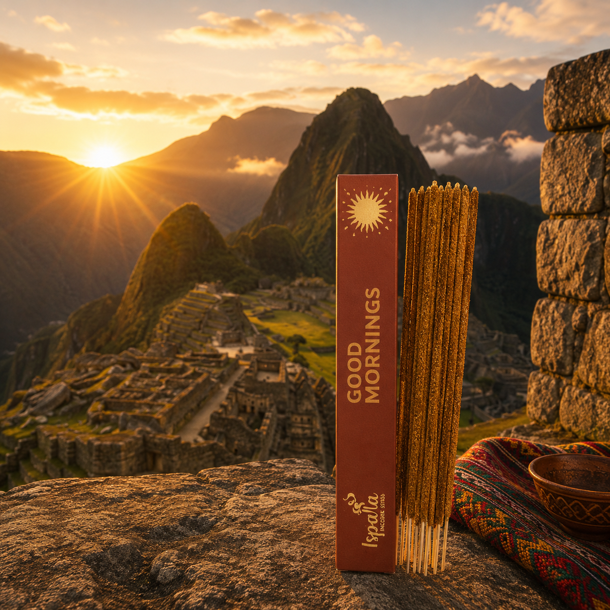 Petit étui d'encens Good Mornings Ispalla présenté au lever du soleil dans une oasis luxuriante au cœur du désert, avec palmiers, point d'eau et ambiance chaleureuse.