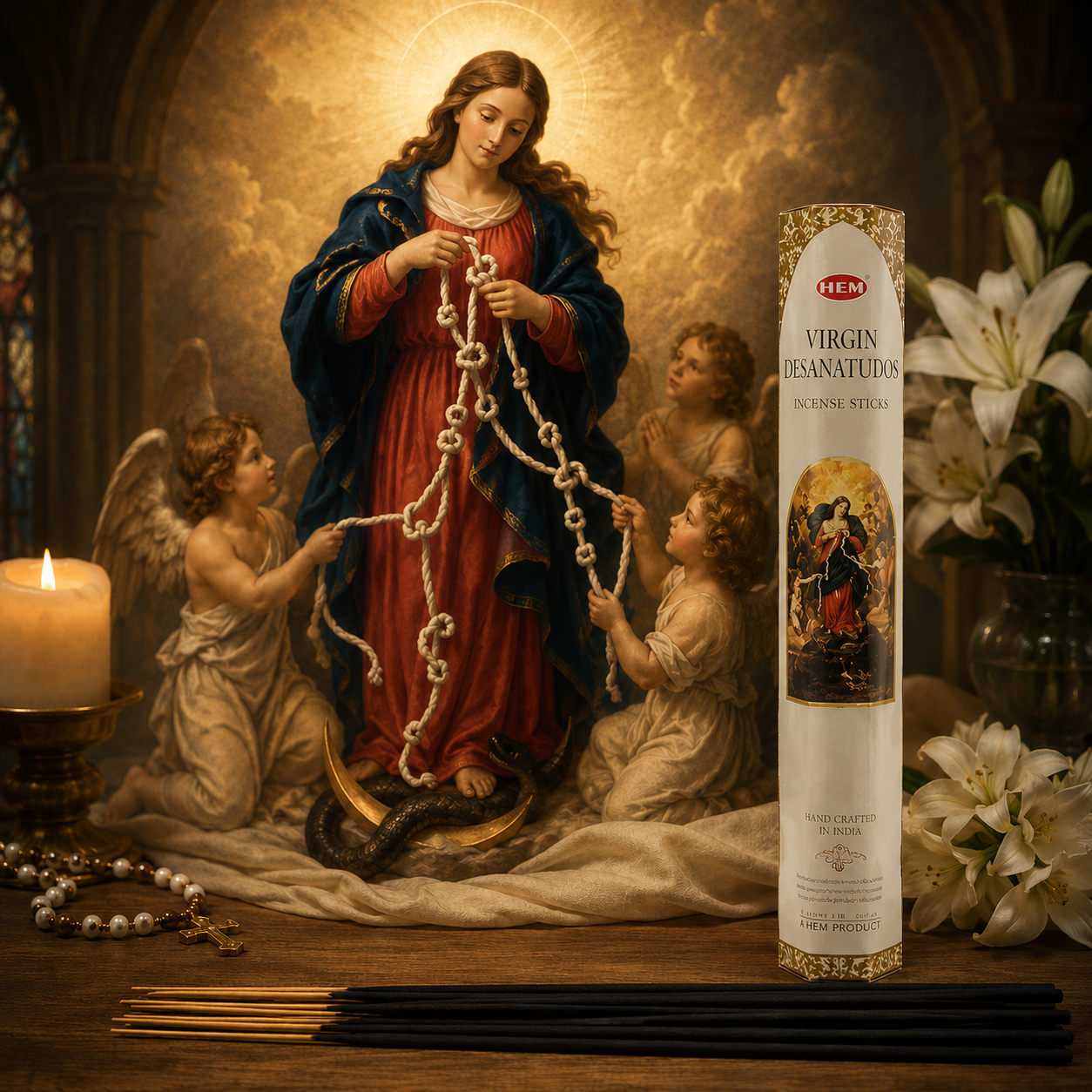 Boîte d'encens Marie qui Défait les Nœuds HEM présentée dans une ambiance de chapelle avec représentation de la Vierge Marie, bougies et fleurs blanches.