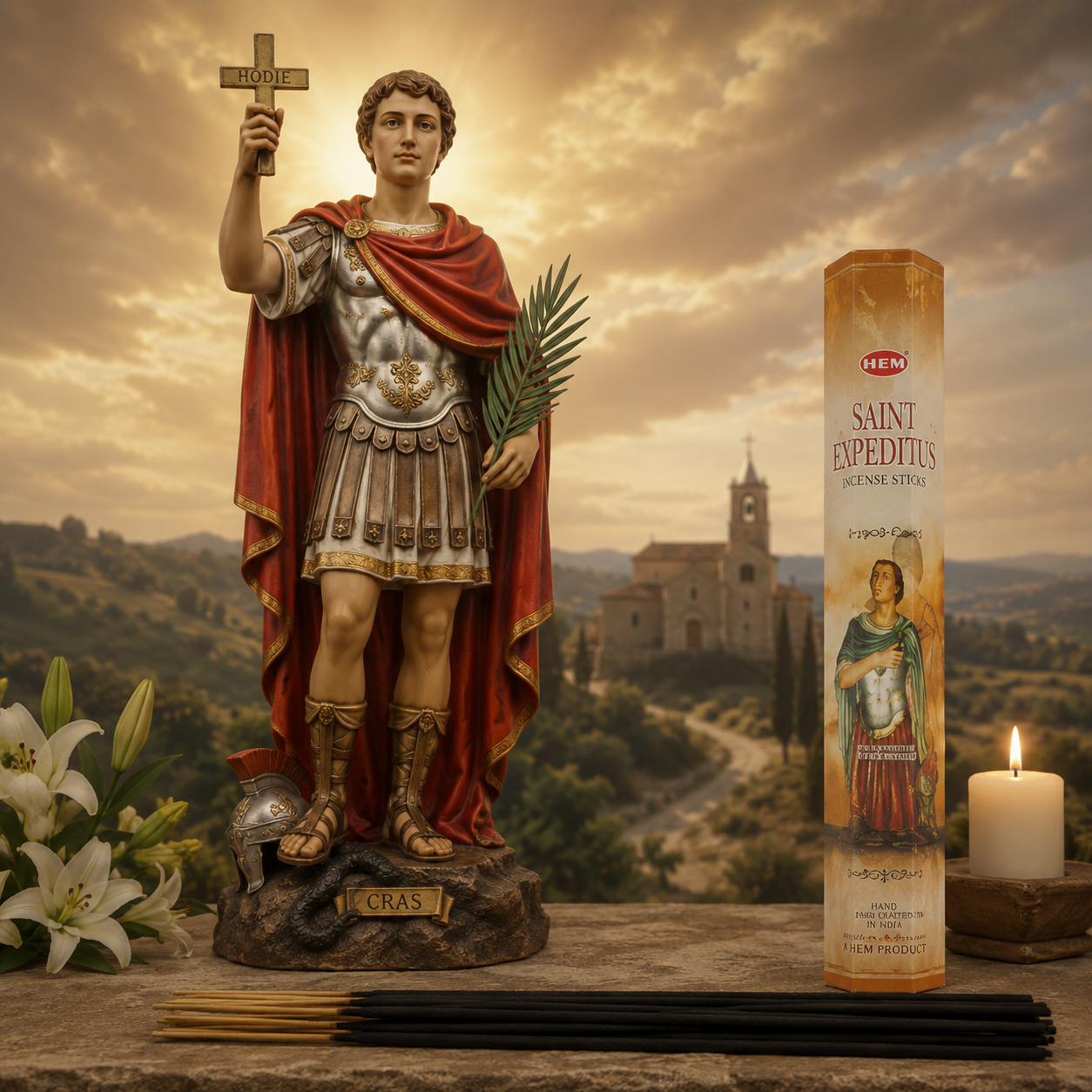 Boîte d'encens Saint Expédit HEM présentée dans une ambiance spirituelle inspirée d'une chapelle avec statue de Saint Expédit, bougies et vitraux.
