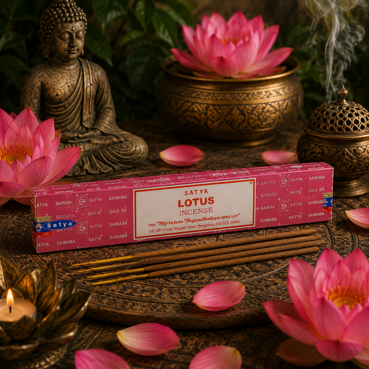 Boîte d'encens Satya Lotus entourée de fleurs de lotus roses, d'un Bouddha et de bâtons d'encens sur un autel spirituel inspiré de l'Inde.