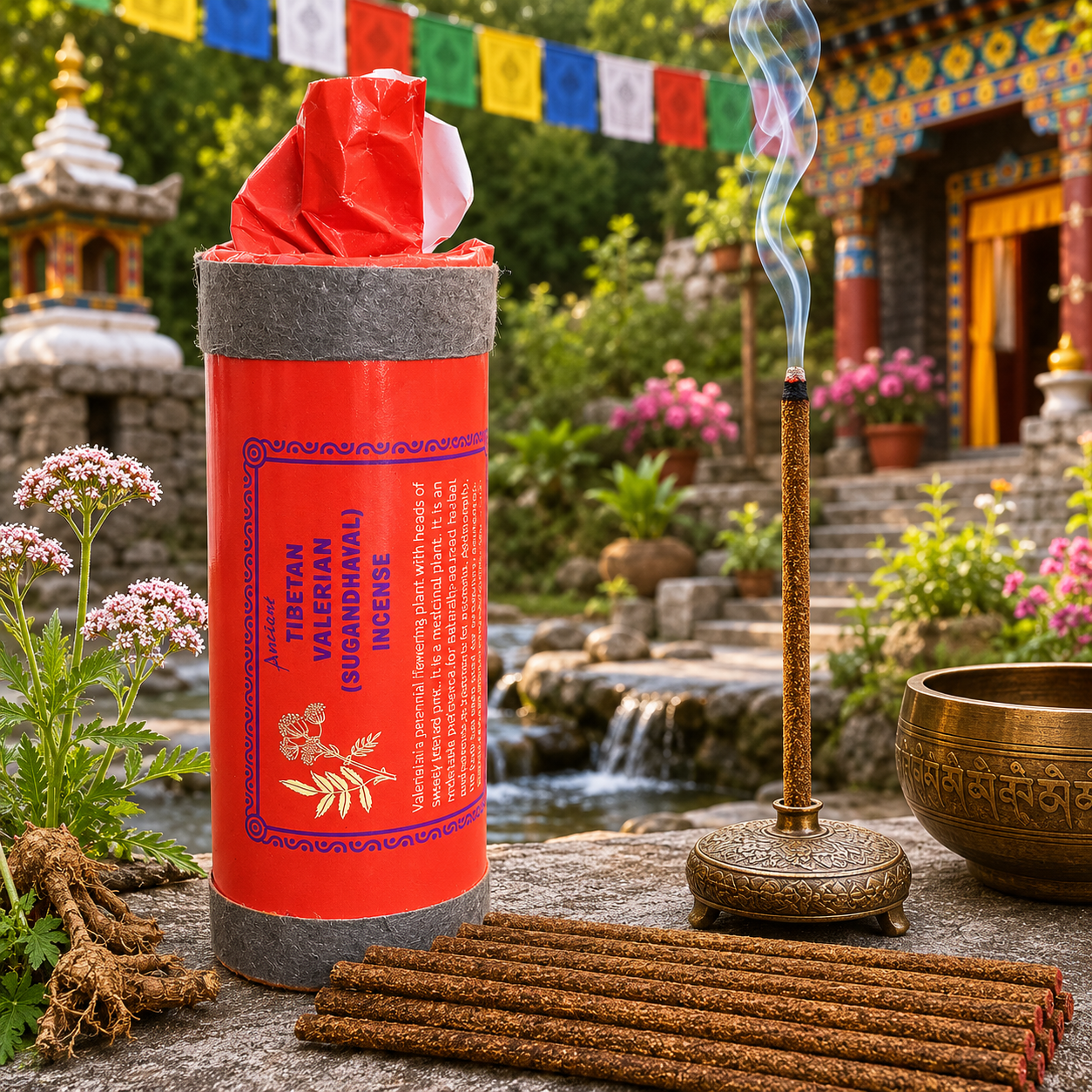 Tube d'encens tibétain Valerian (Sugandhawal) Lovely Incense accompagné de bâtons traditionnels plus épais sans tige de bambou, présenté dans un jardin de temple tibétain avec des fleurs de valériane et une ambiance propice à la relaxation.