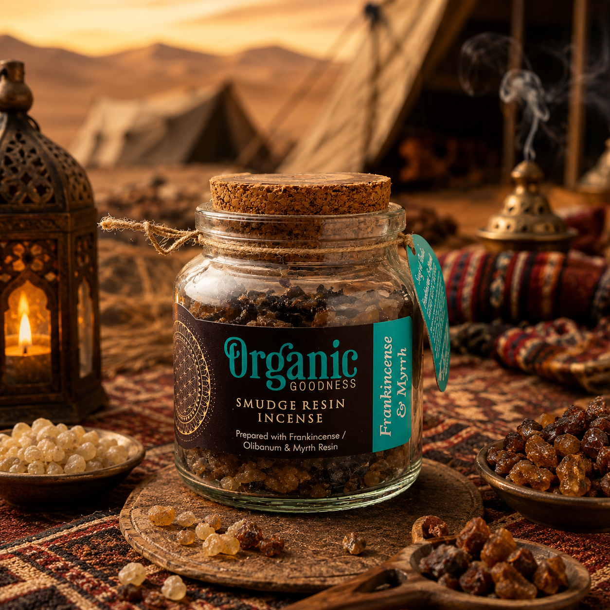 Pot de résines naturelles Oliban et Myrrhe présenté dans un campement nomade au cœur du désert, entouré de morceaux de résine, d'un encensoir traditionnel et de tapis orientaux.