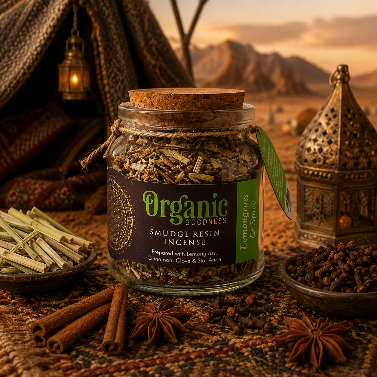 Pot de mélange de fumigation à la citronnelle, cannelle, anis étoilé et clou de girofle présenté dans un campement nomade au cœur du désert, entouré d'épices, d'une tente traditionnelle et d'un encensoir oriental.