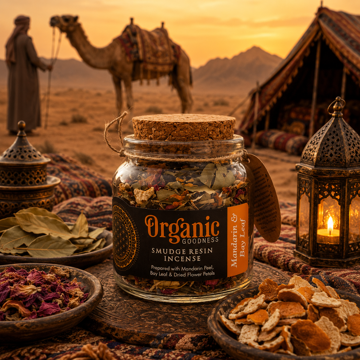 Pot de mélange de fumigation aux écorces de mandarine, feuilles de laurier et pétales de fleurs présenté dans un campement nomade désertique, entouré de végétaux aromatiques, de lanternes orientales et d'un encensoir traditionnel.